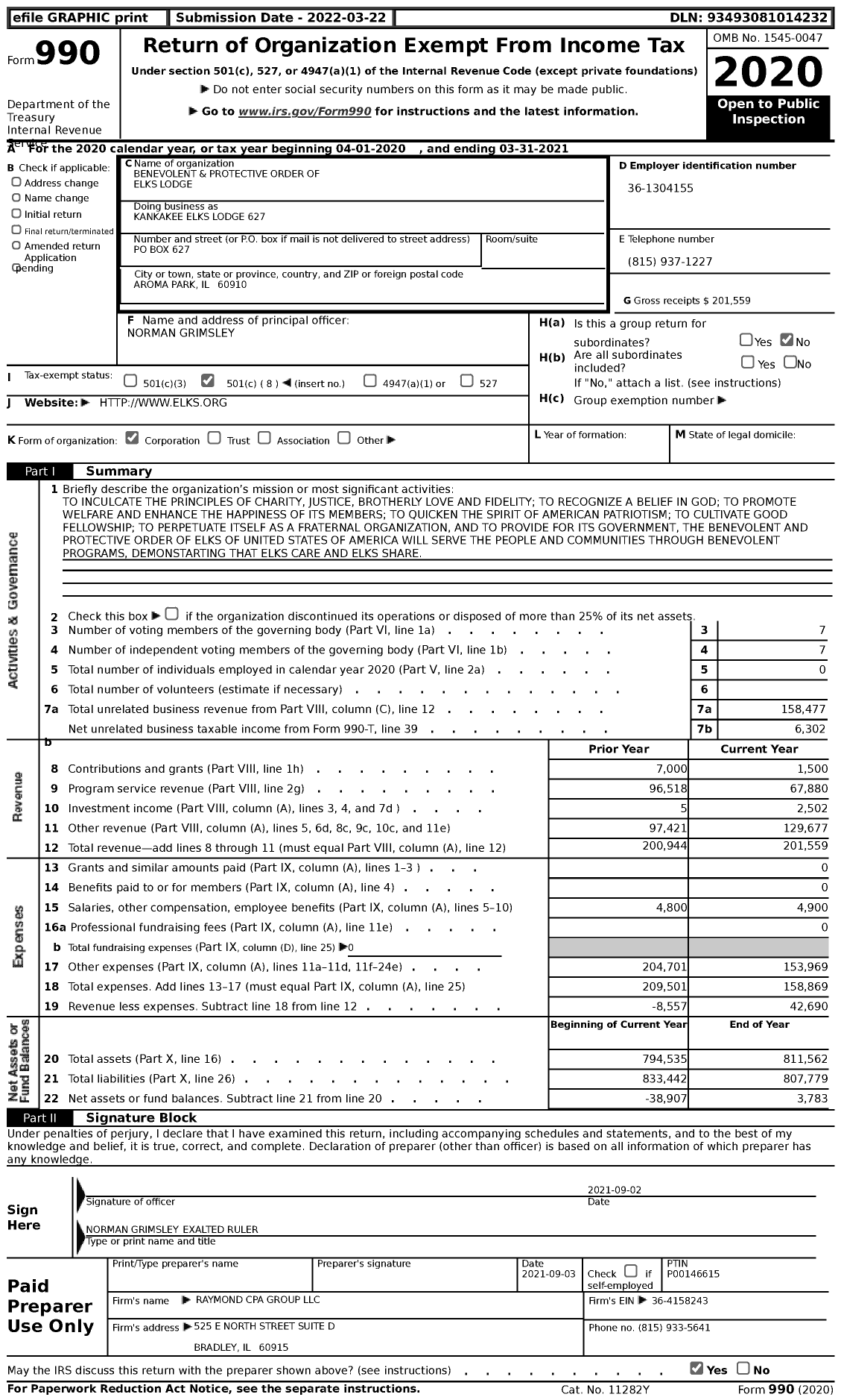 Image of first page of 2020 Form 990 for Benevolent and Protective Order of Elks - Kankakee Elks Lodge 627