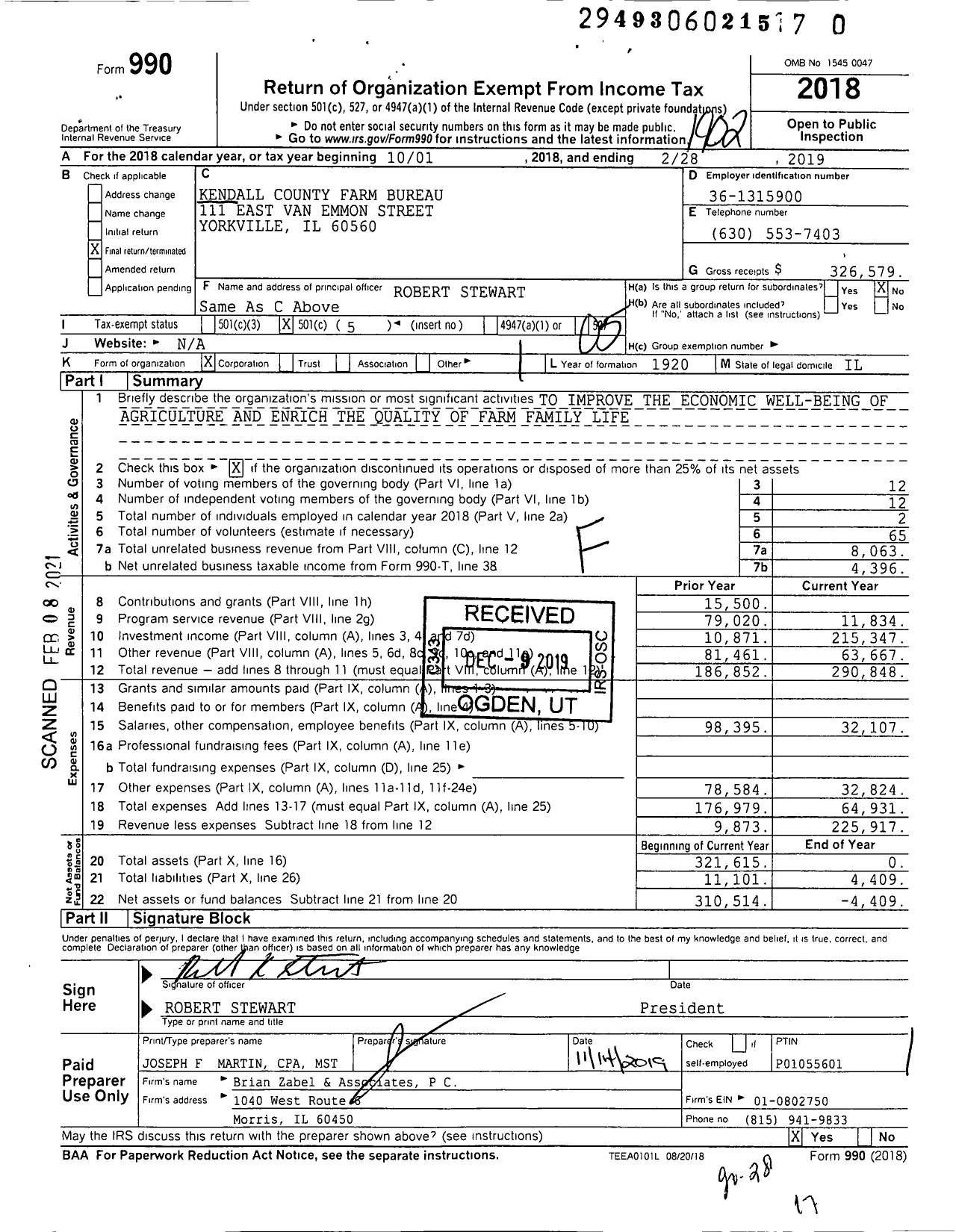 Image of first page of 2018 Form 990O for Kendall County Farm Bureau