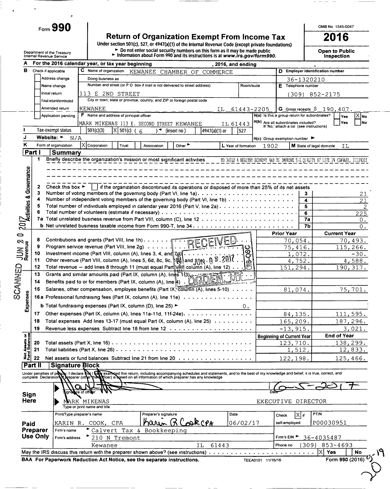 Image of first page of 2016 Form 990O for Kewanee Chamber of Commerce