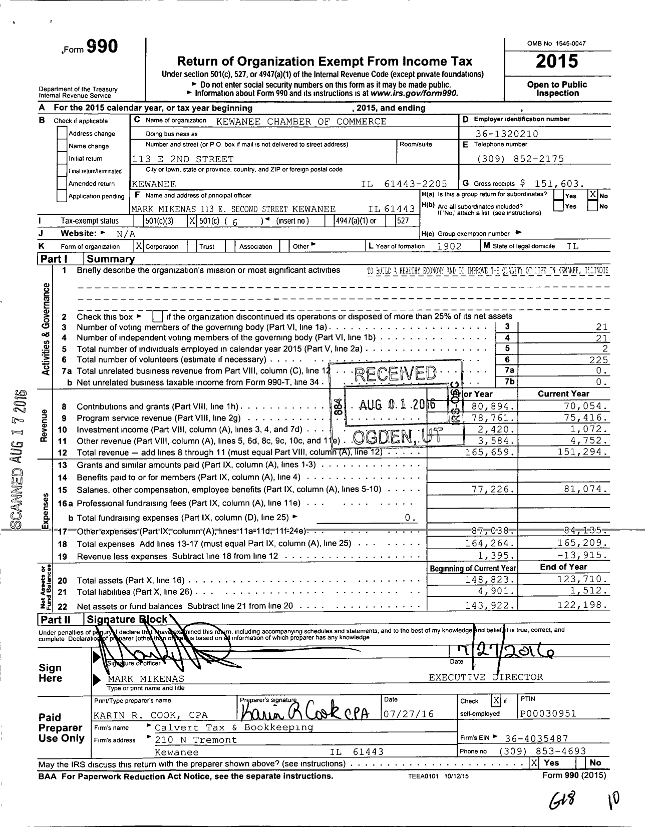 Image of first page of 2015 Form 990O for Kewanee Chamber of Commerce