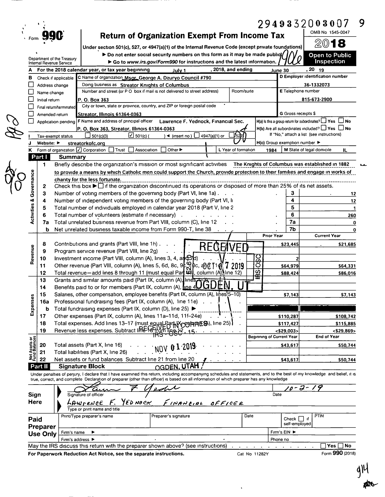 Image of first page of 2018 Form 990O for Knights of Columbus - 790 MSGR George A Dzuryo Council