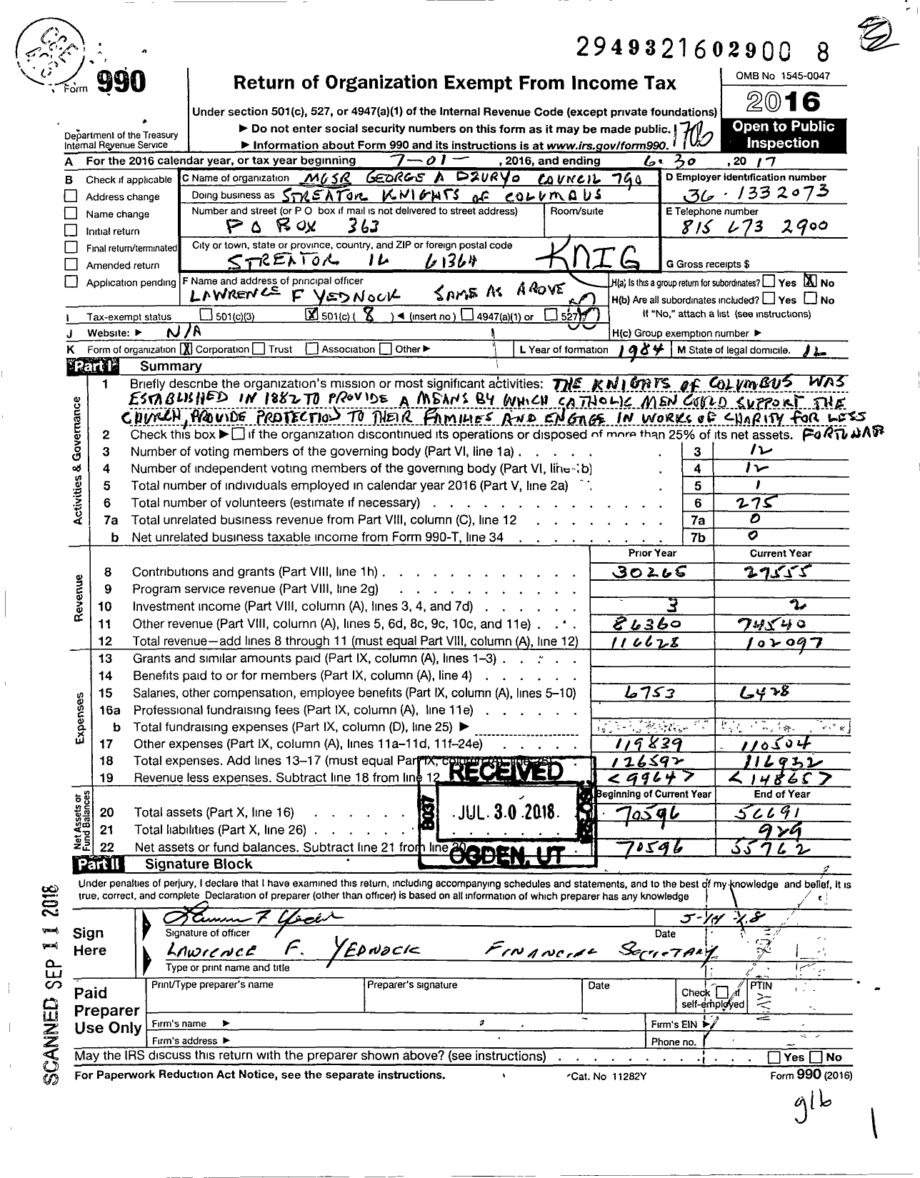 Image of first page of 2016 Form 990O for Knights of Columbus - 790 MSGR George A Dzuryo Council