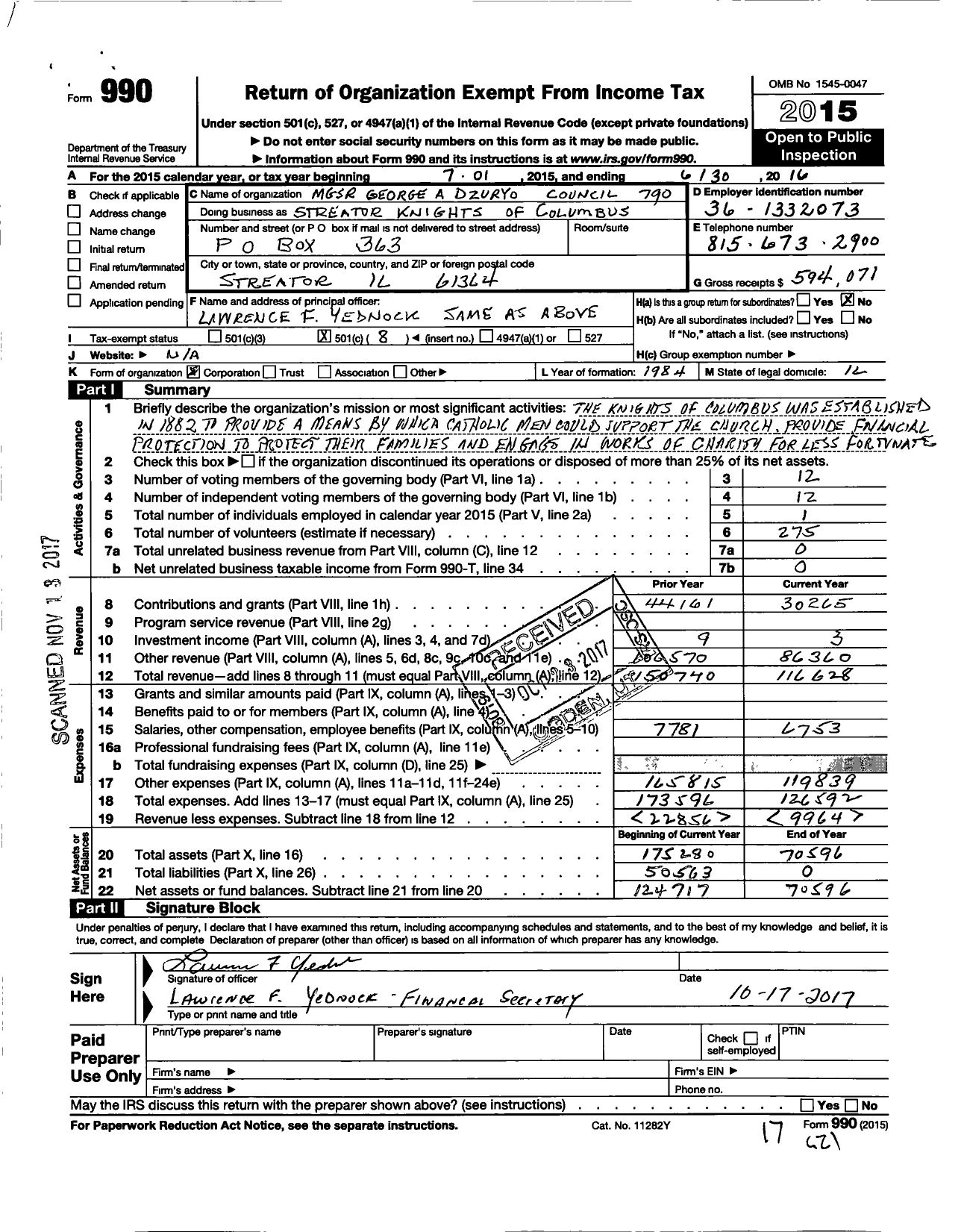 Image of first page of 2015 Form 990O for Knights of Columbus - 790 MSGR George A Dzuryo Council