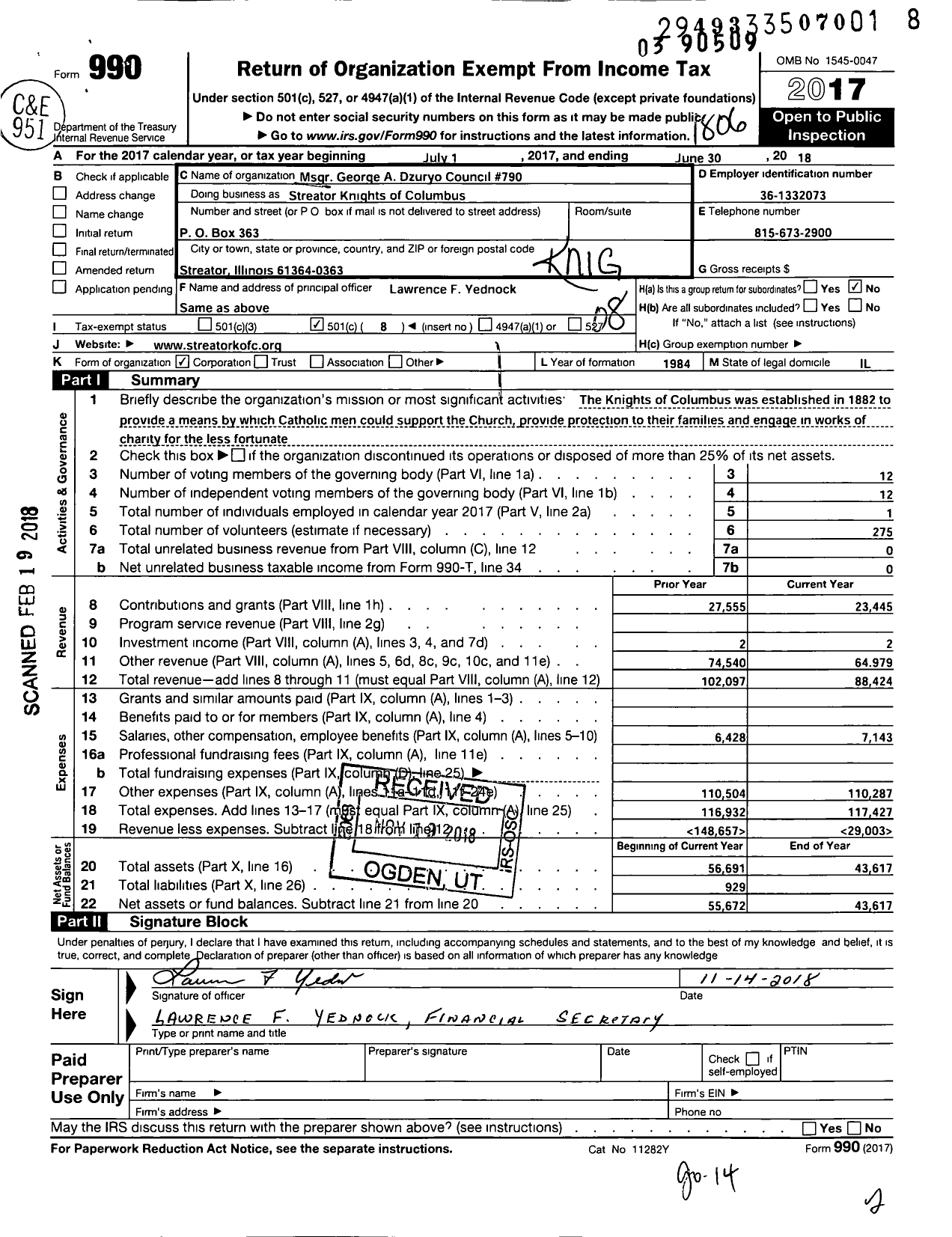 Image of first page of 2017 Form 990O for Knights of Columbus - 790 MSGR George A Dzuryo Council