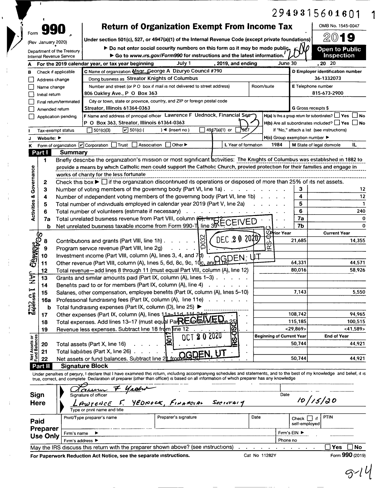 Image of first page of 2019 Form 990 for Knights of Columbus - 790 MSGR George A Dzuryo Council