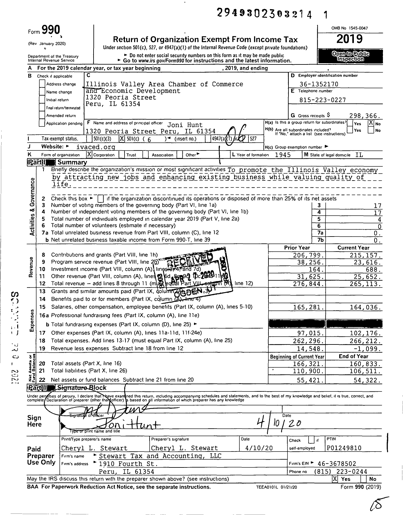 Image of first page of 2019 Form 990O for Illinois Valley Area Chamber of Commerce and Economic Development