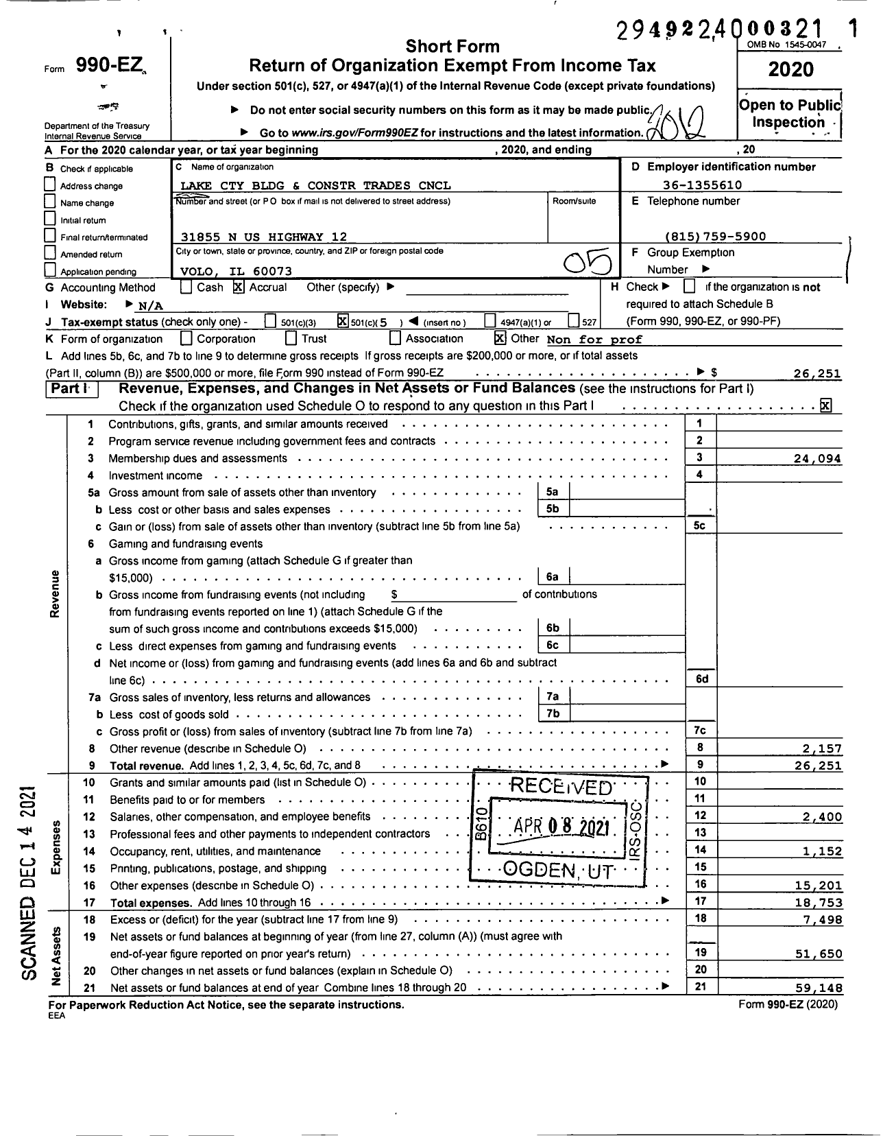 Image of first page of 2020 Form 990EO for AFL-CIO - Lake County Bldg & Const Trades Cou