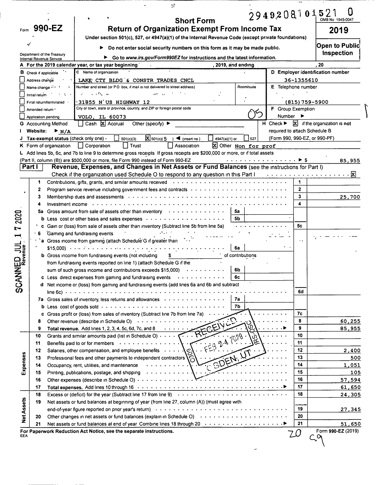 Image of first page of 2019 Form 990EO for AFL-CIO - Lake County Bldg & Const Trades Cou