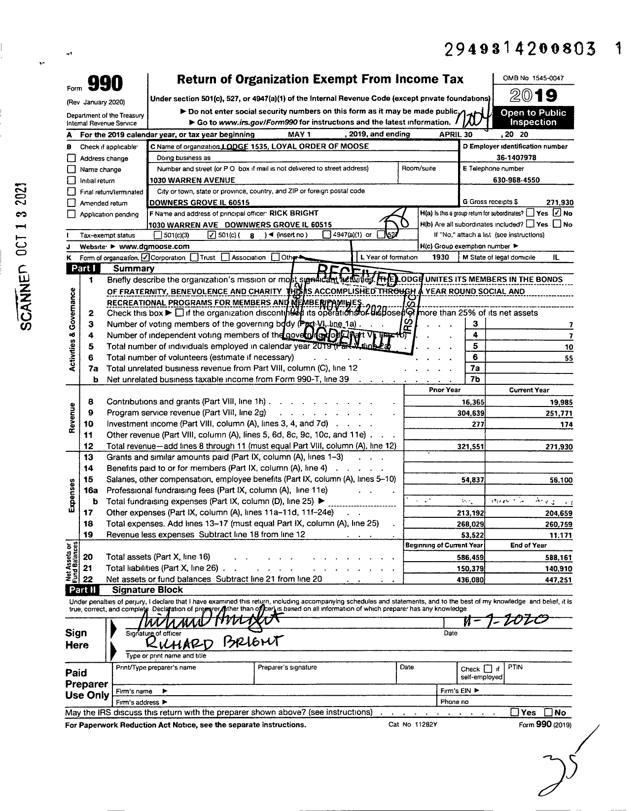 Image of first page of 2019 Form 990O for Loyal Order of Moose - 1535