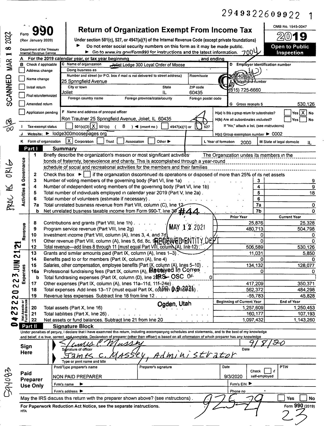 Image of first page of 2019 Form 990O for Loyal Order of Moose - 300