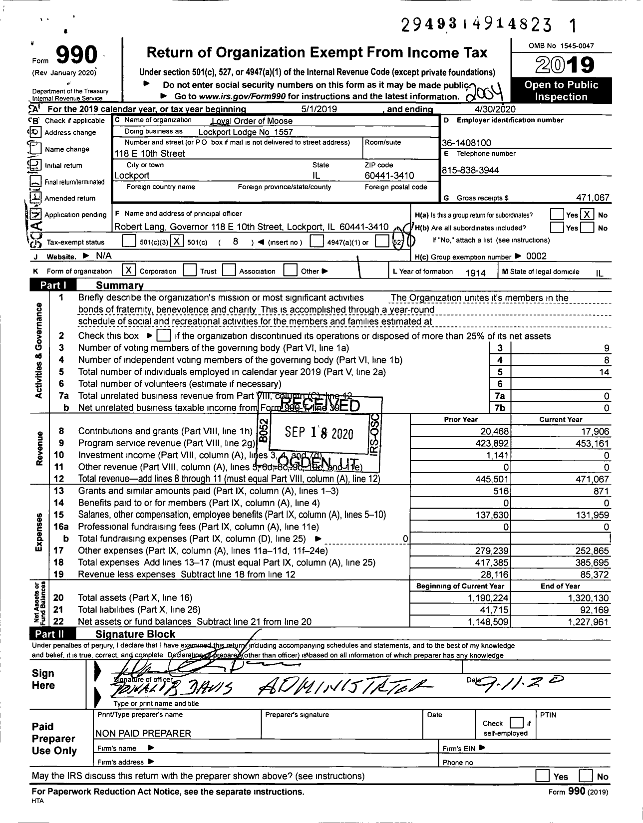 Image of first page of 2019 Form 990O for Loyal Order of Moose - Lockport Lodge No 1557 Loyal Order of Moose