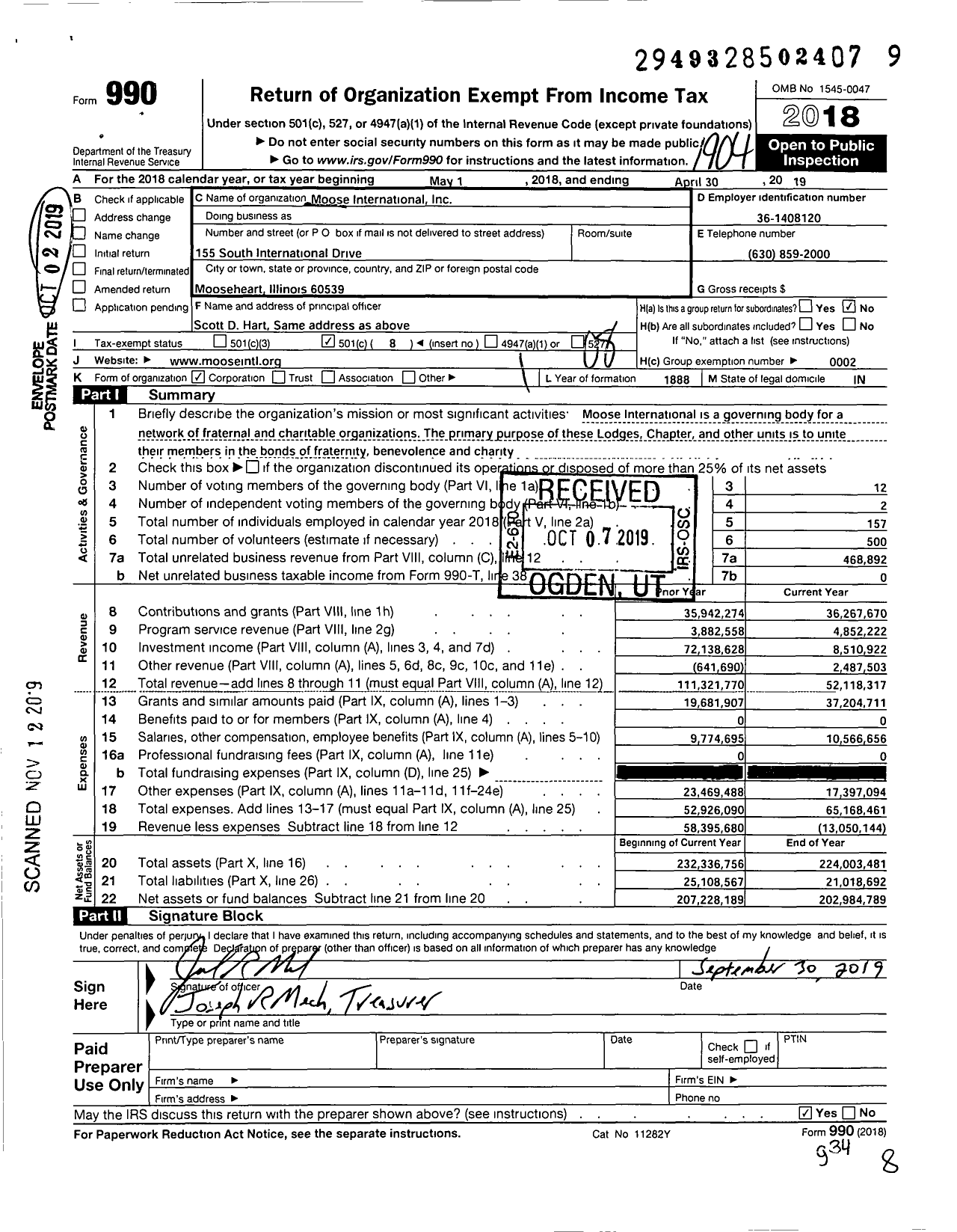 Image of first page of 2018 Form 990O for Moose International