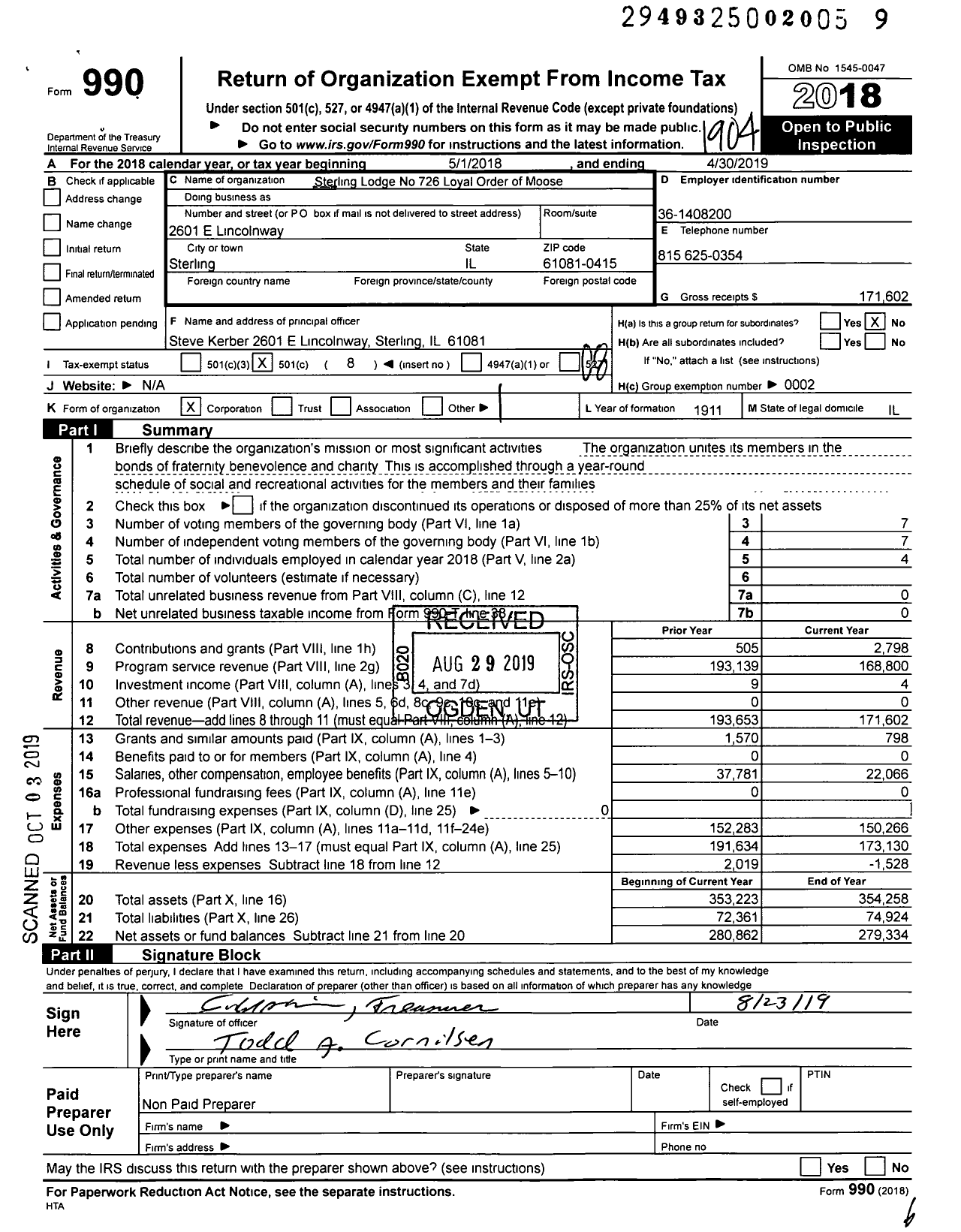 Image of first page of 2018 Form 990O for Sterling Lodge No 726 Loyal Order of Moose