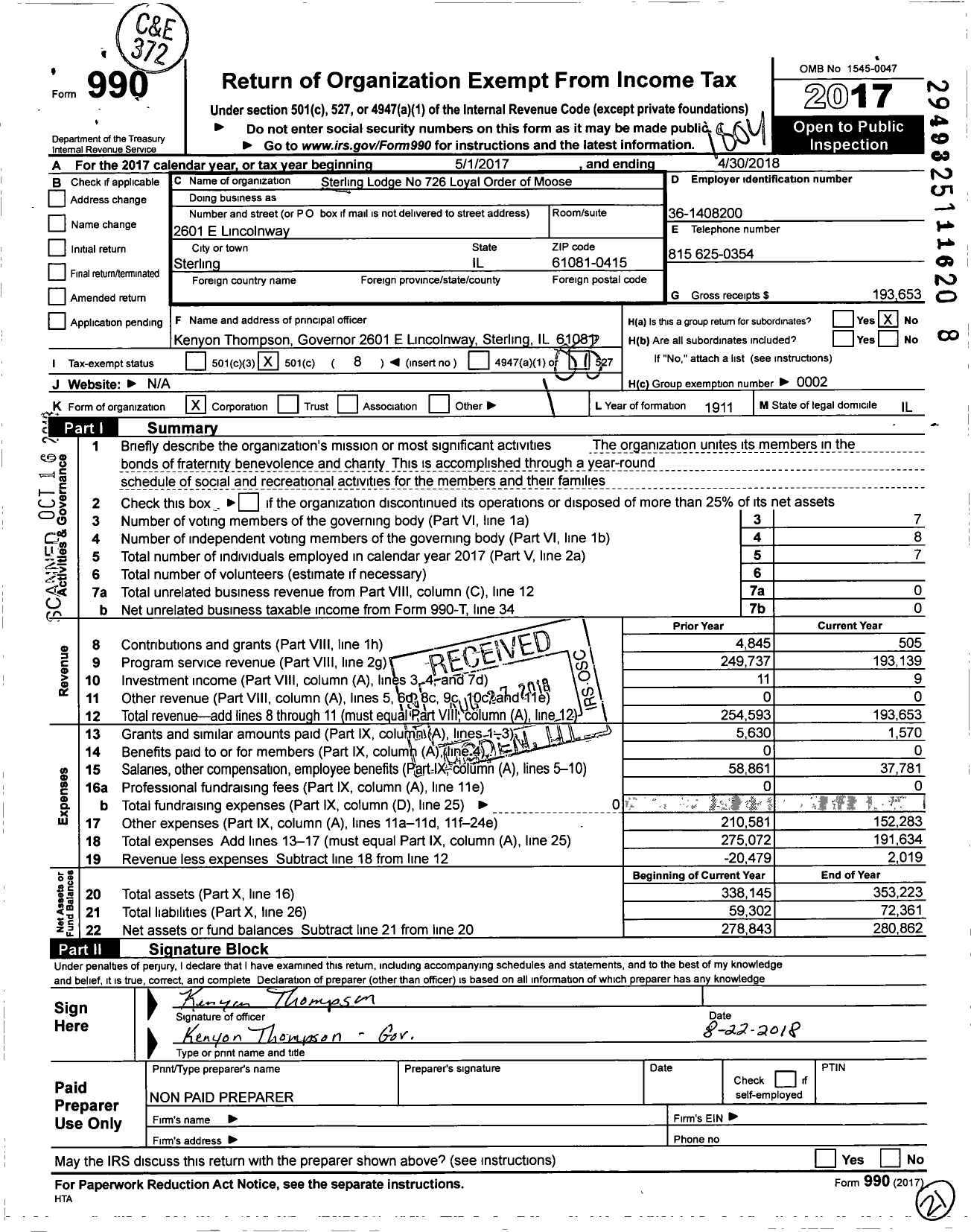 Image of first page of 2017 Form 990O for Sterling Lodge No 726 Loyal Order of Moose