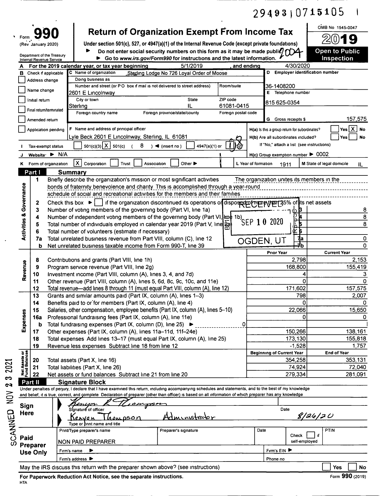 Image of first page of 2019 Form 990O for Sterling Lodge No 726 Loyal Order of Moose