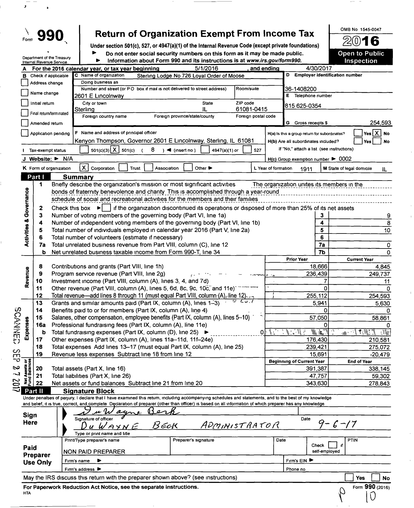 Image of first page of 2016 Form 990O for Sterling Lodge No 726 Loyal Order of Moose