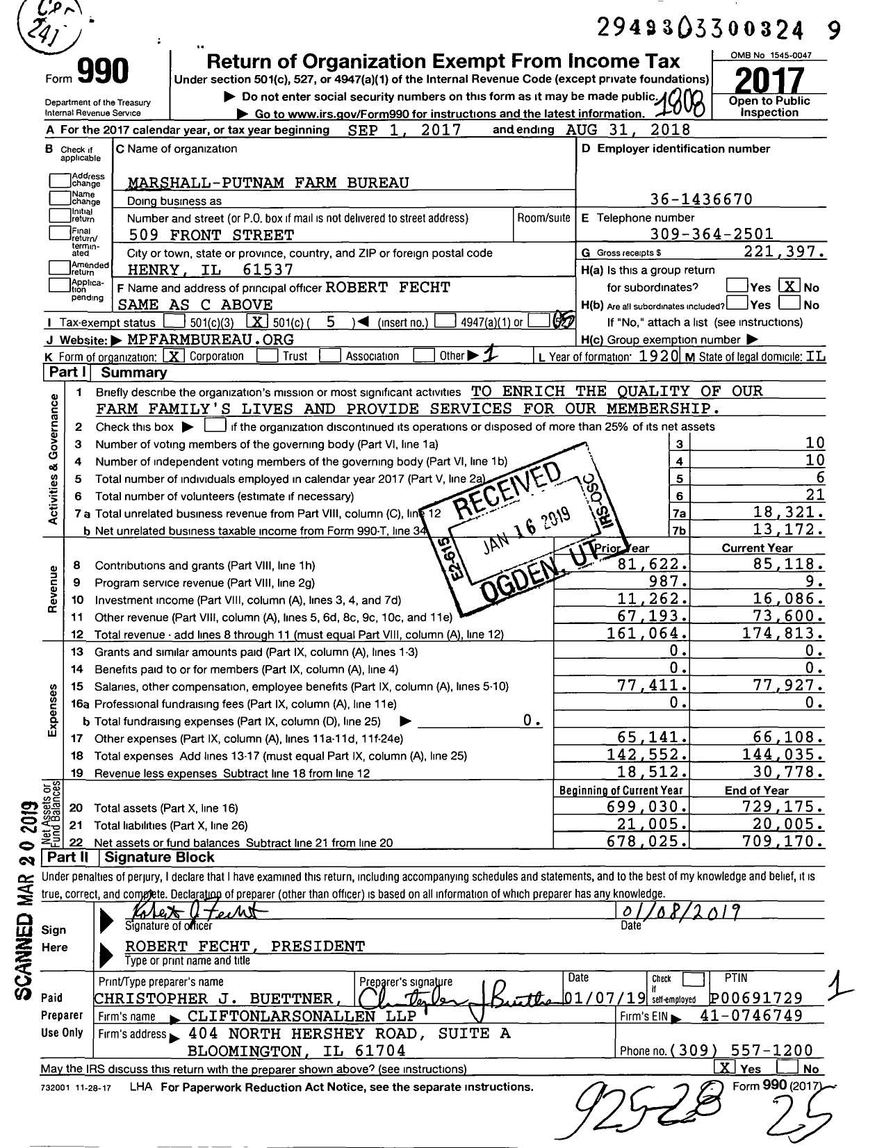 Image of first page of 2017 Form 990O for Marshall-Putnam Farm Bureau