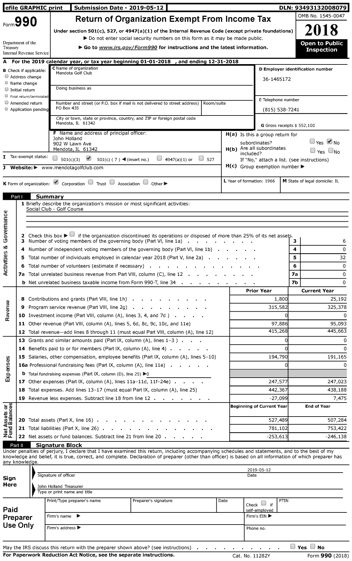 Image of first page of 2018 Form 990 for Mendota Golf Club