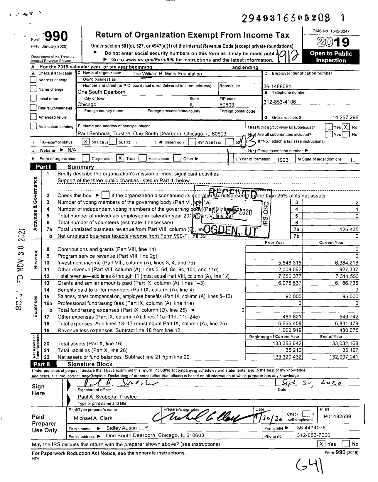 Image of first page of 2019 Form 990 for William H Miner Foundation