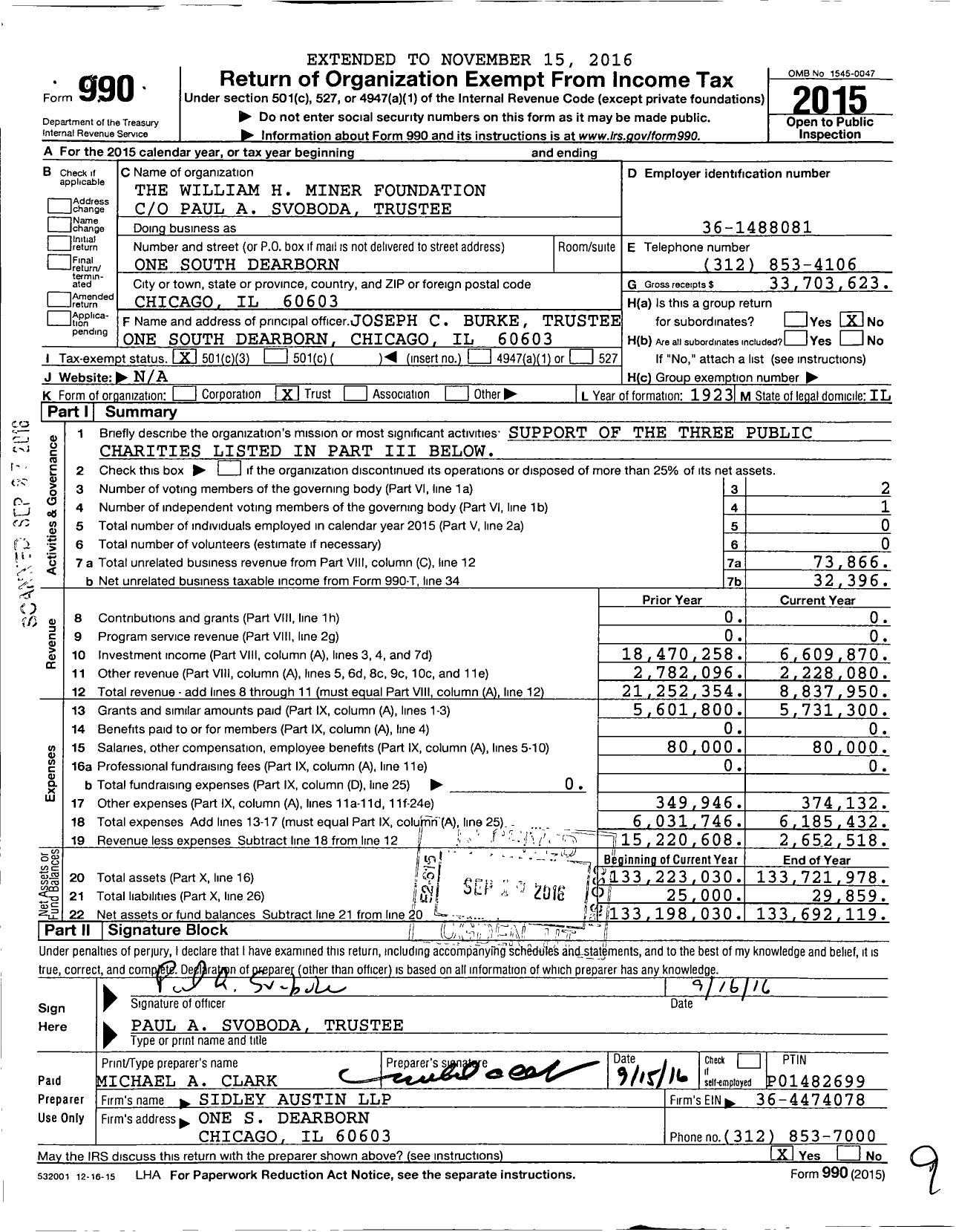 Image of first page of 2015 Form 990 for William H Miner Foundation