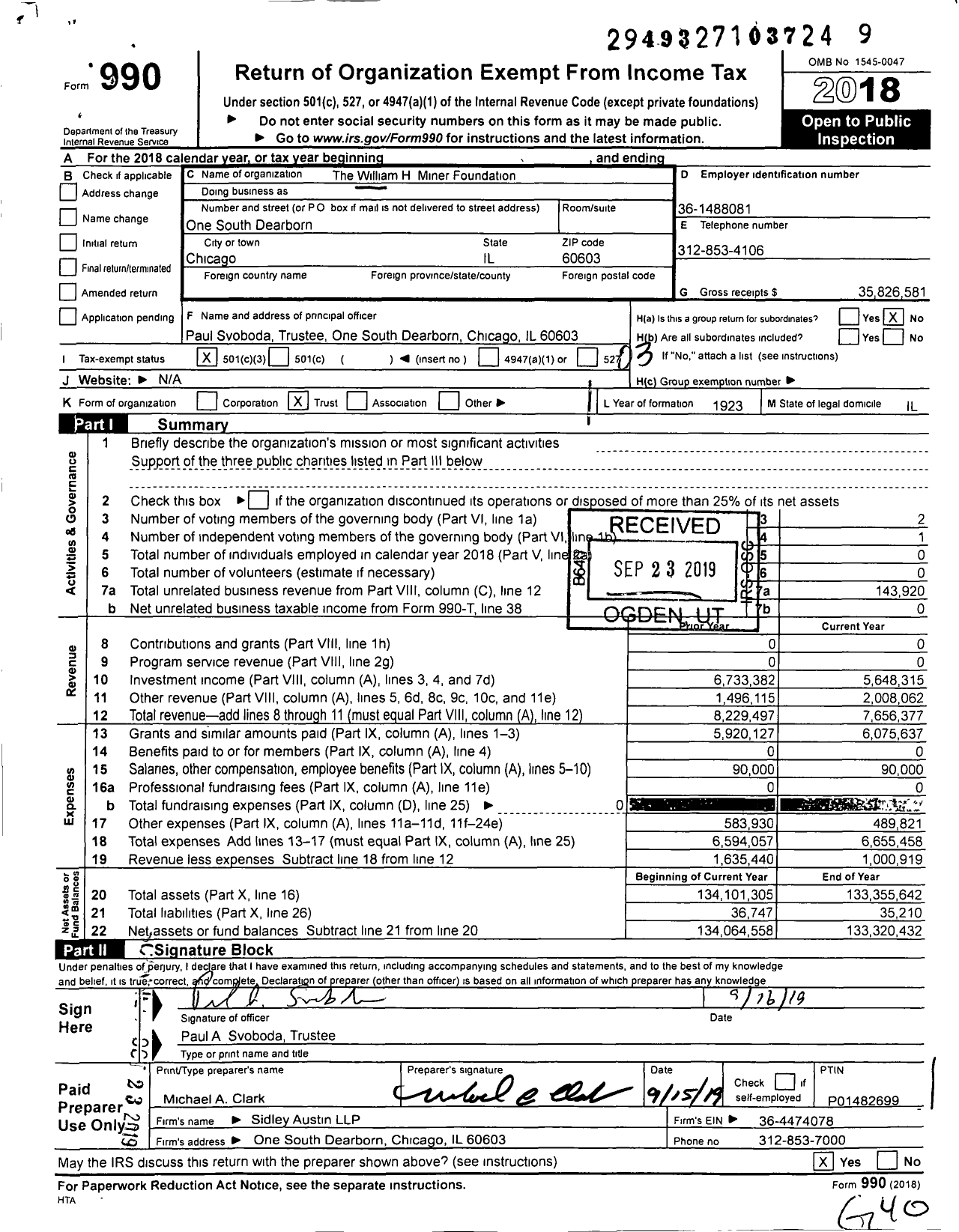 Image of first page of 2018 Form 990 for William H Miner Foundation