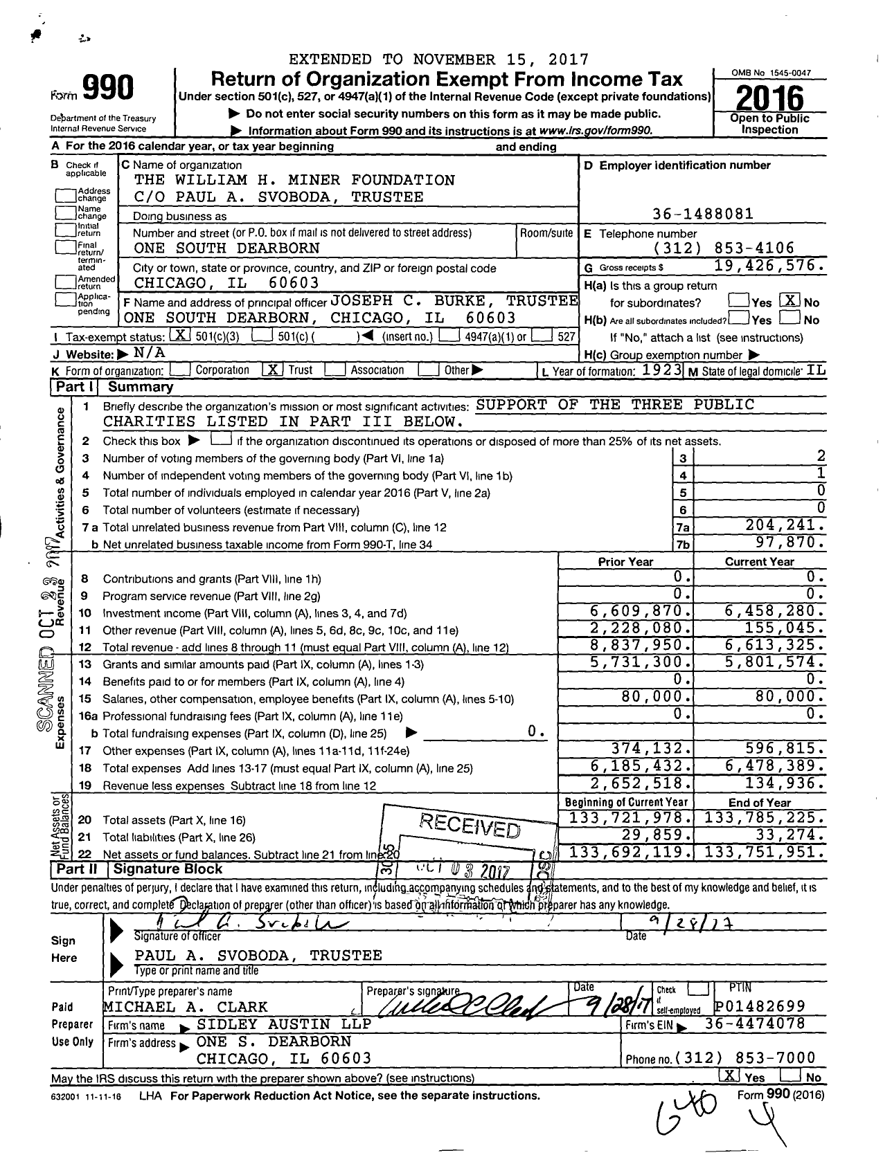 Image of first page of 2016 Form 990 for William H Miner Foundation