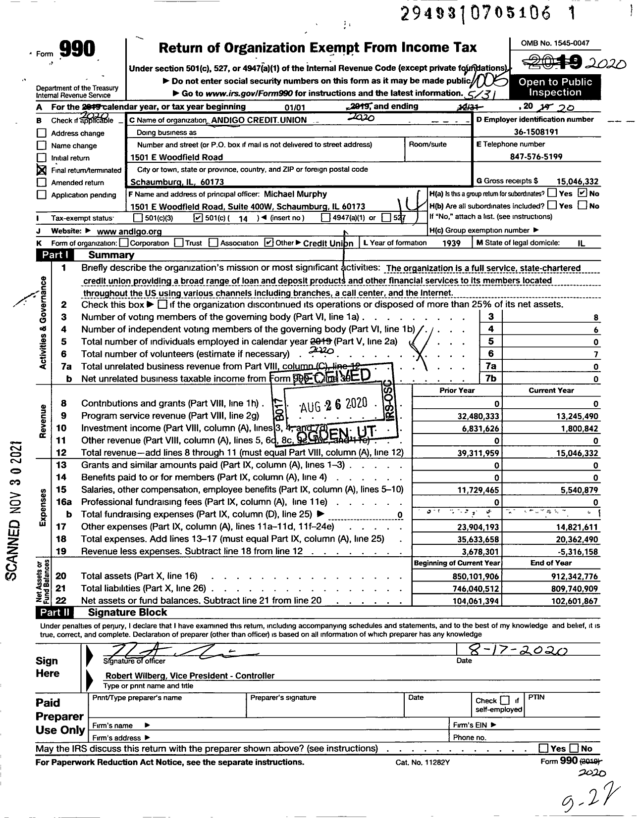 Image of first page of 2019 Form 990O for Andigo Credit Union (MECU)