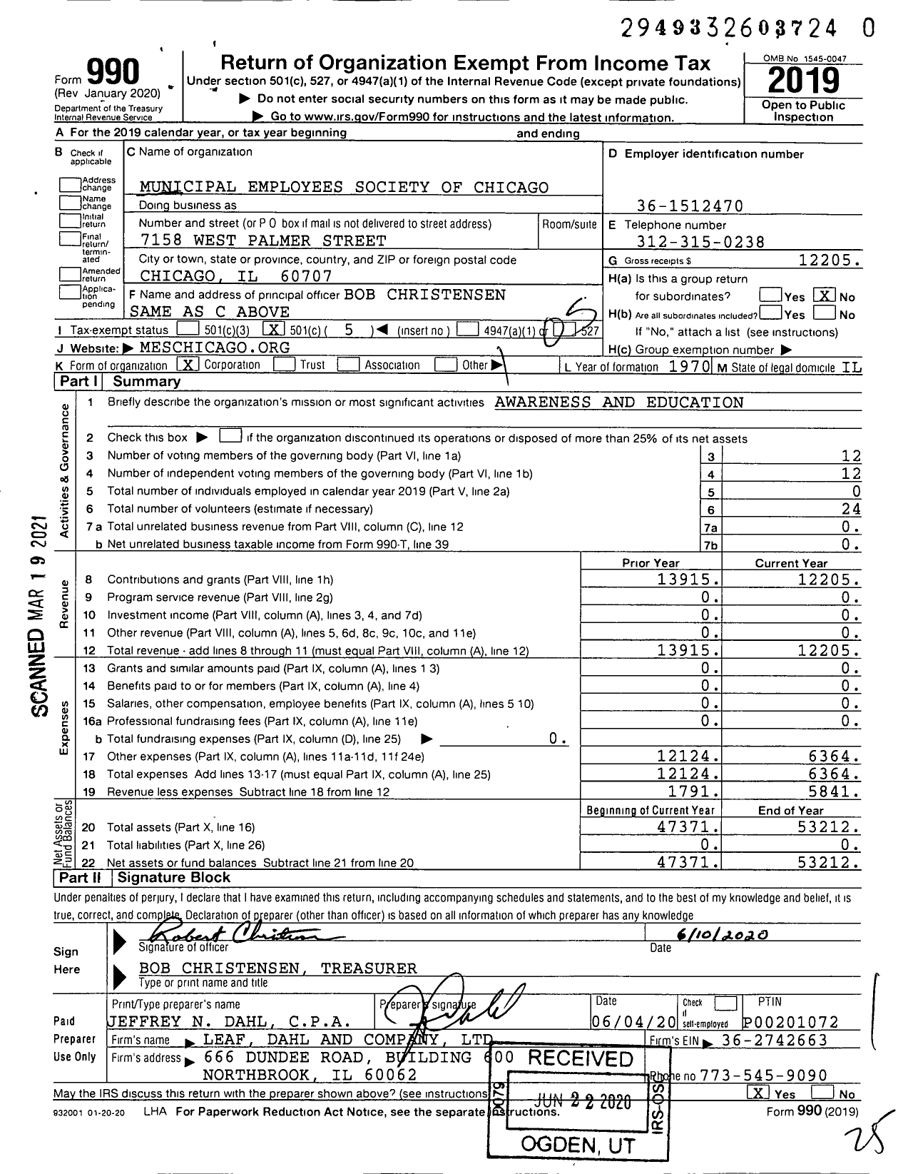 Image of first page of 2019 Form 990O for Municipal Employees Society of Chicago