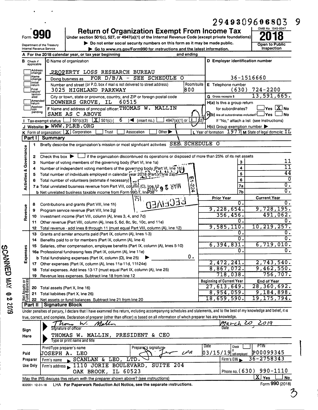Image of first page of 2018 Form 990O for Property and Liability Resource Bureau