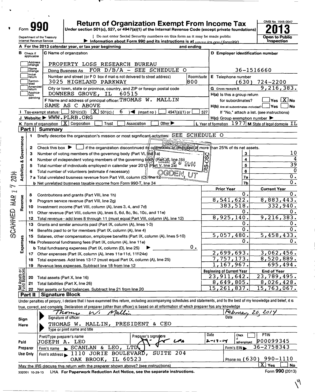 Image of first page of 2013 Form 990O for Property and Liability Resource Bureau