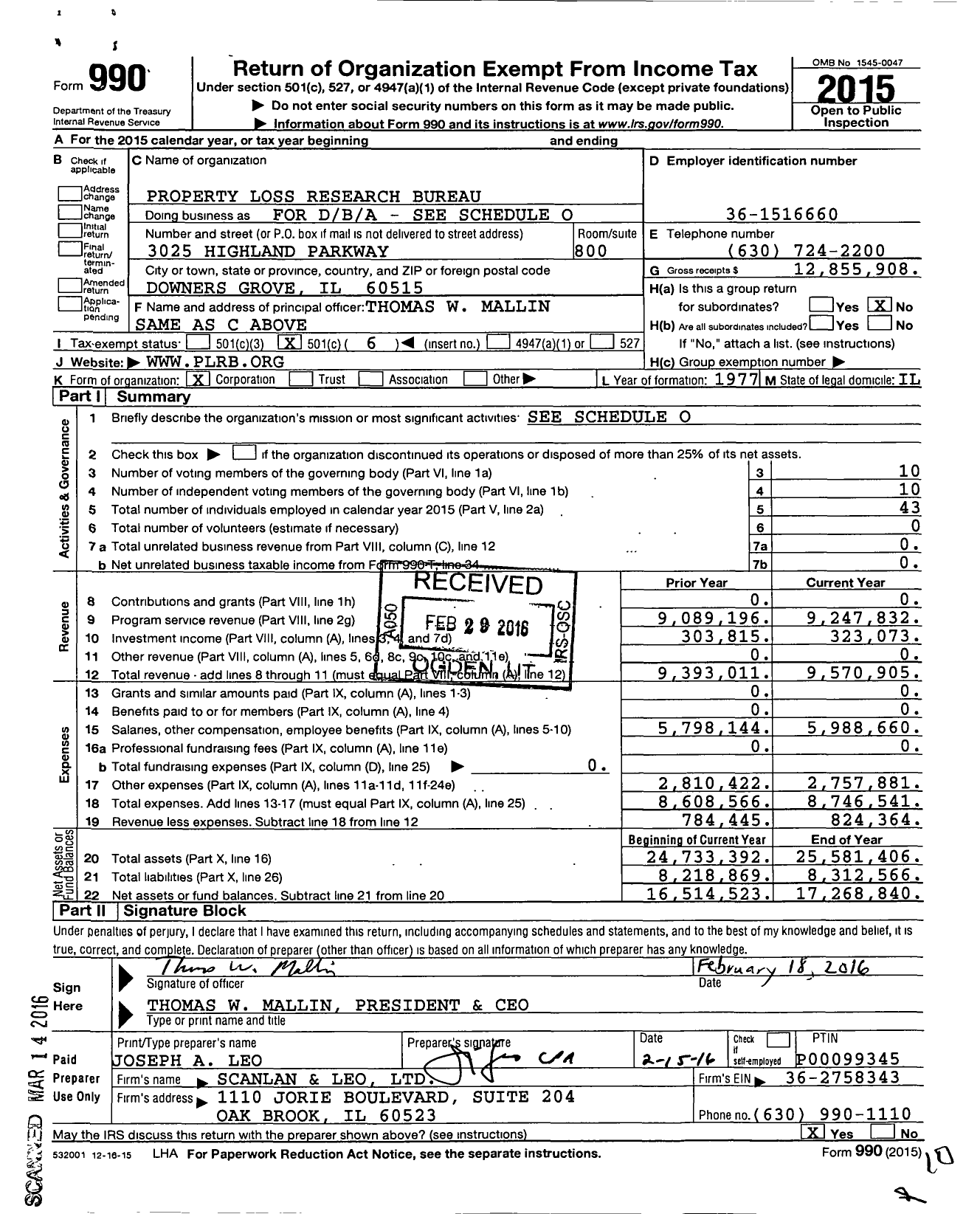 Image of first page of 2015 Form 990O for Property and Liability Resource Bureau