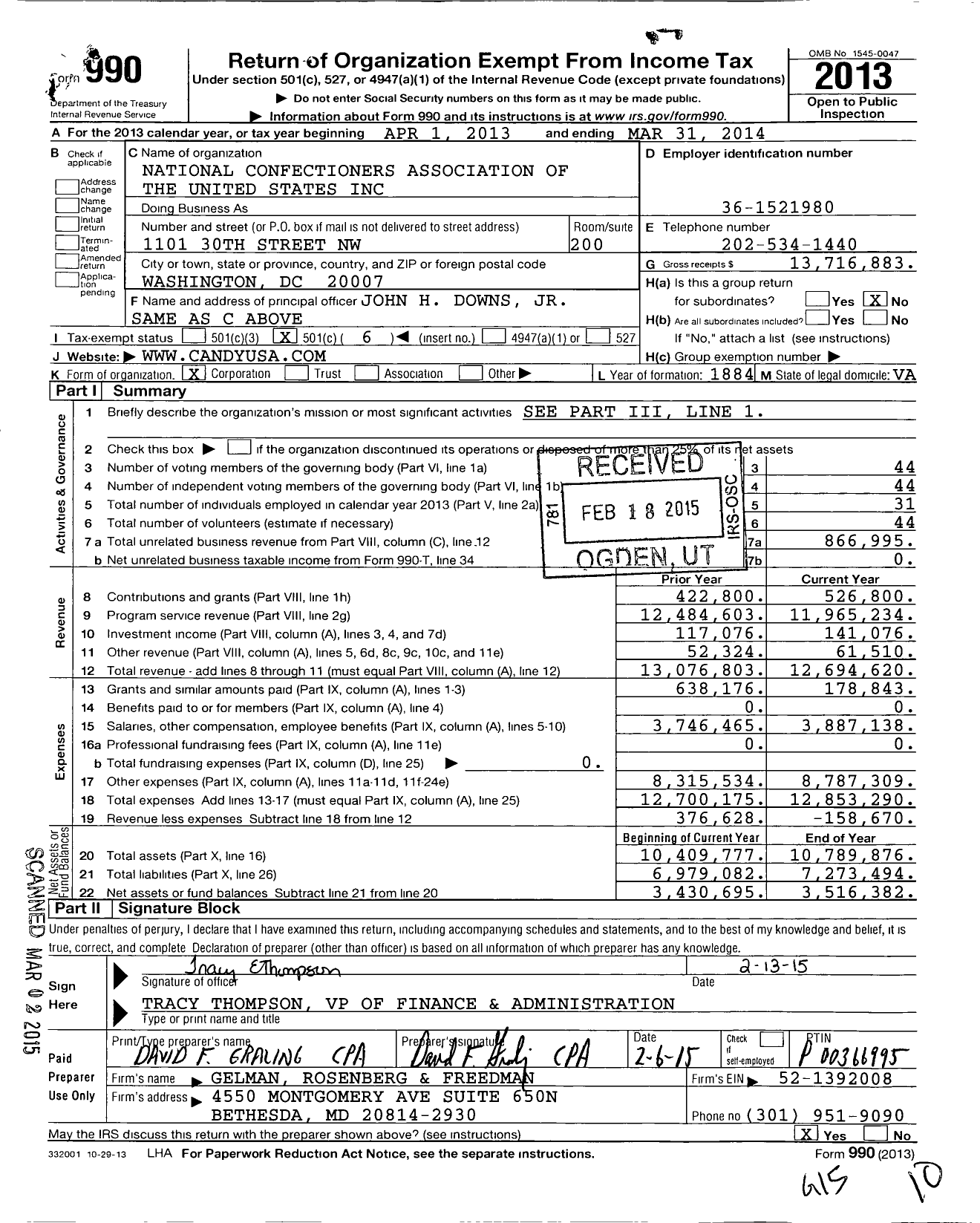 Image of first page of 2013 Form 990O for National Confectioners Association (NCA)