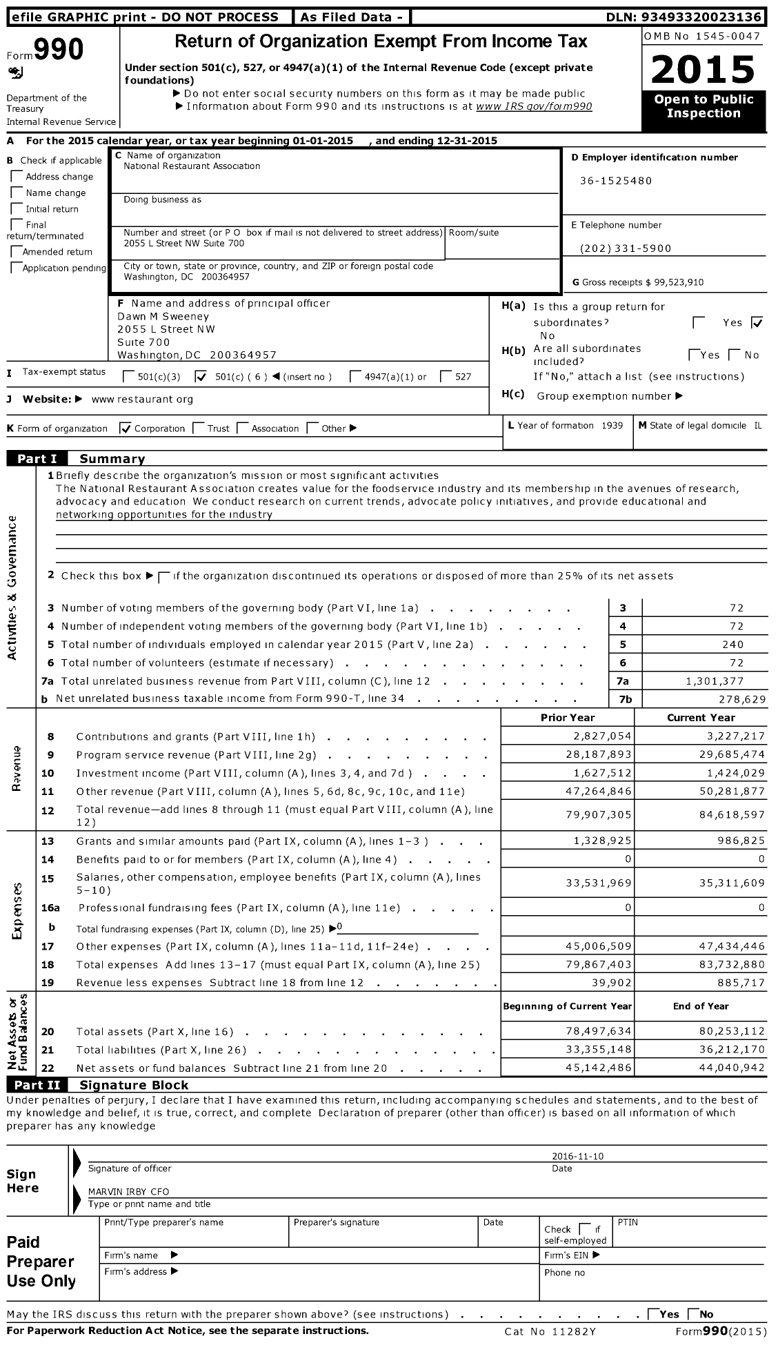 Image of first page of 2015 Form 990O for National Restaurant Association (NRA)