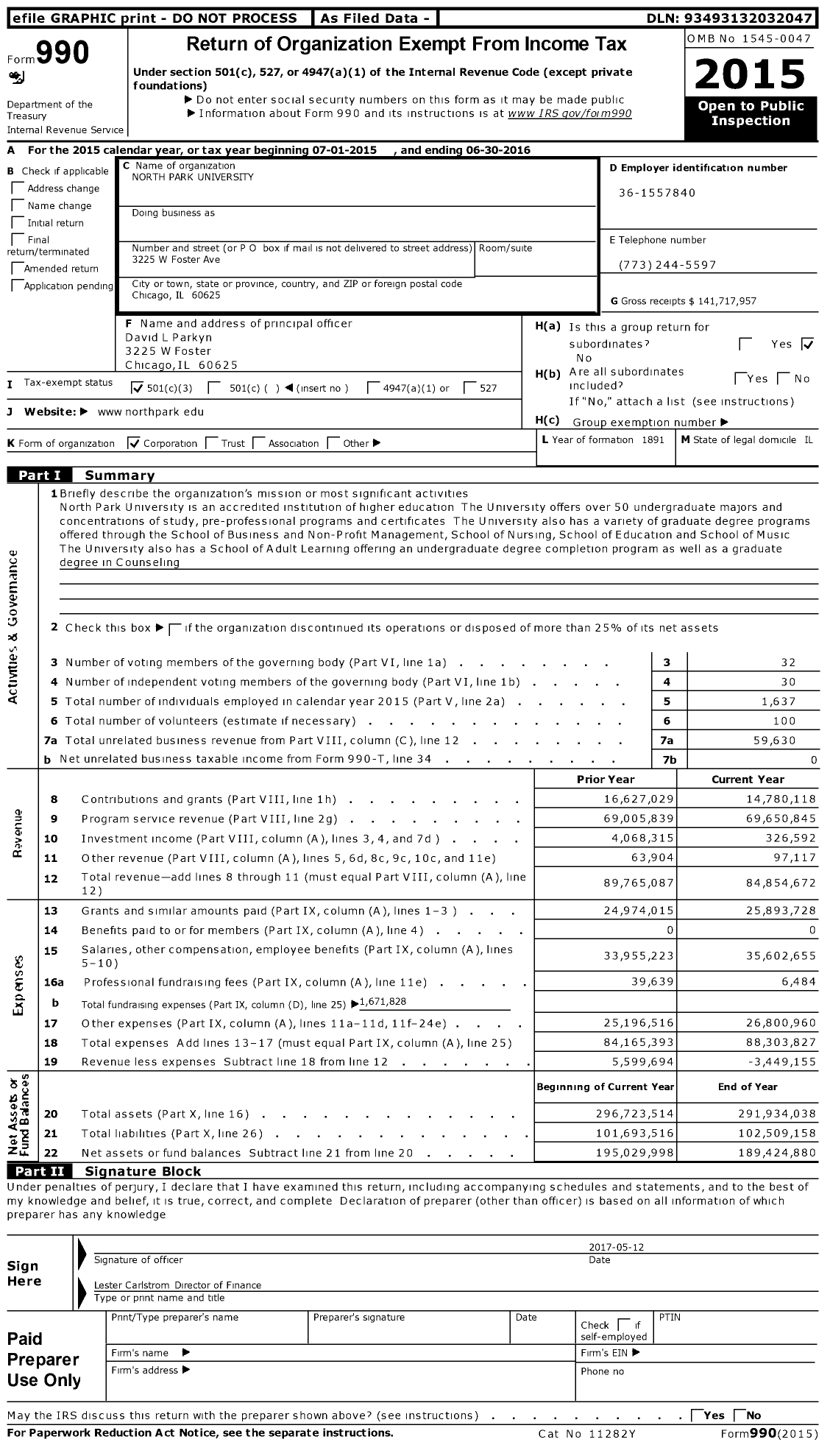 Image of first page of 2015 Form 990 for North Park University (NPU)