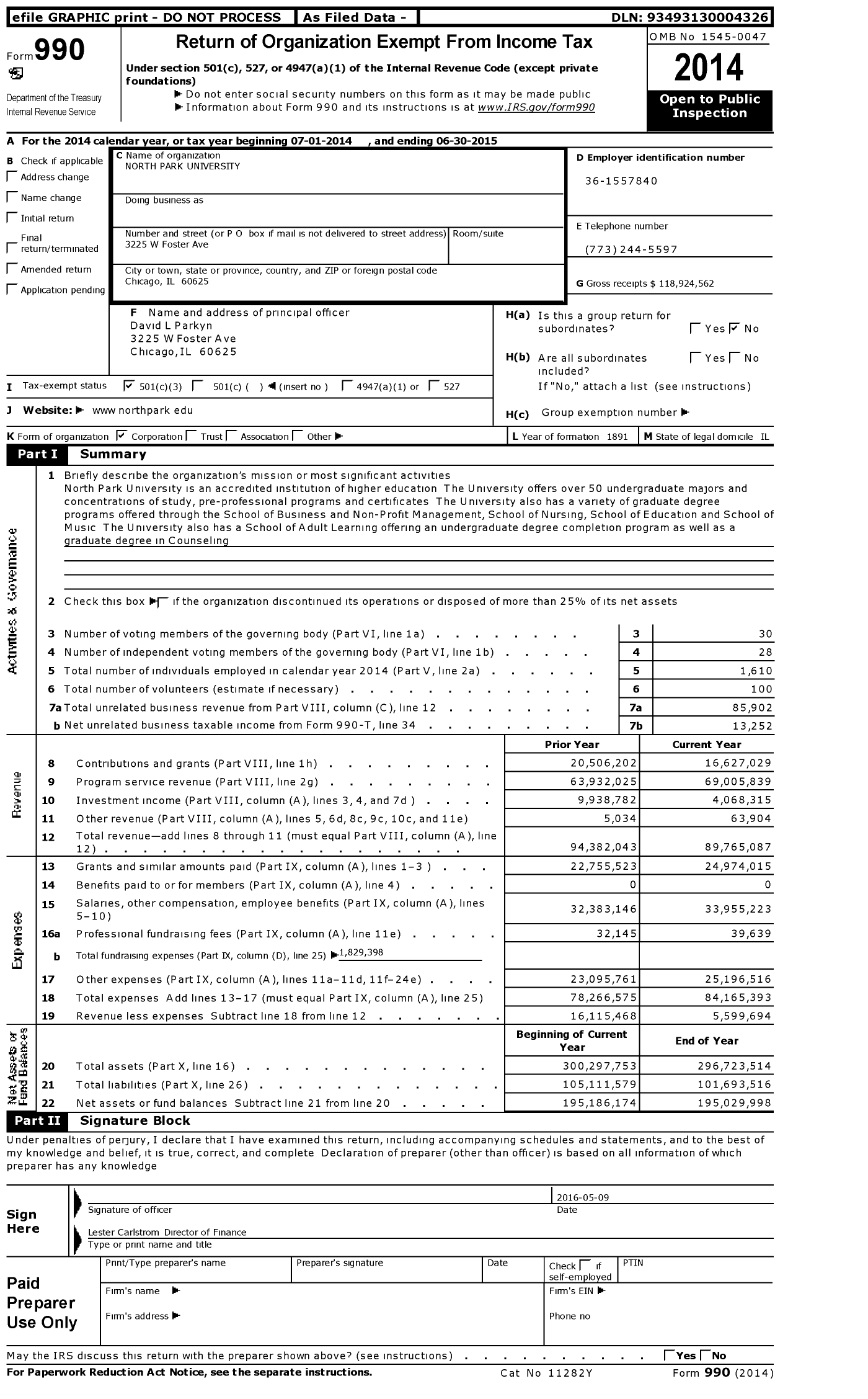 Image of first page of 2014 Form 990 for North Park University (NPU)