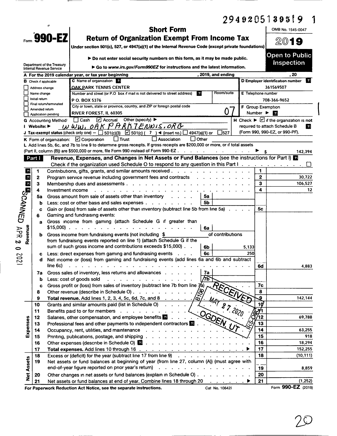 Image of first page of 2019 Form 990EO for Oak Park Tennis Center