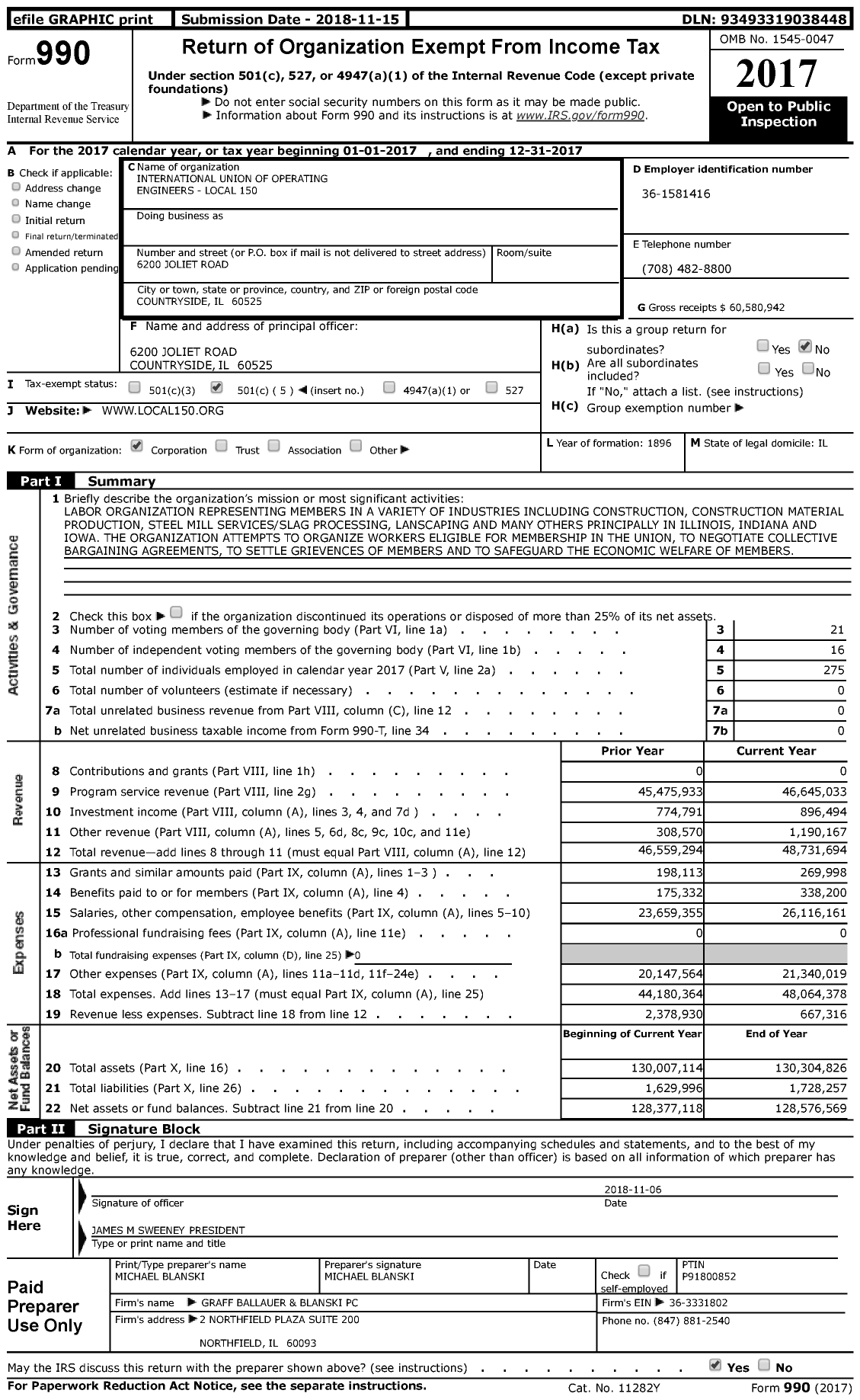 Image of first page of 2017 Form 990 for International Union of Operating Engineers Local 150 (IUOE Local 150)