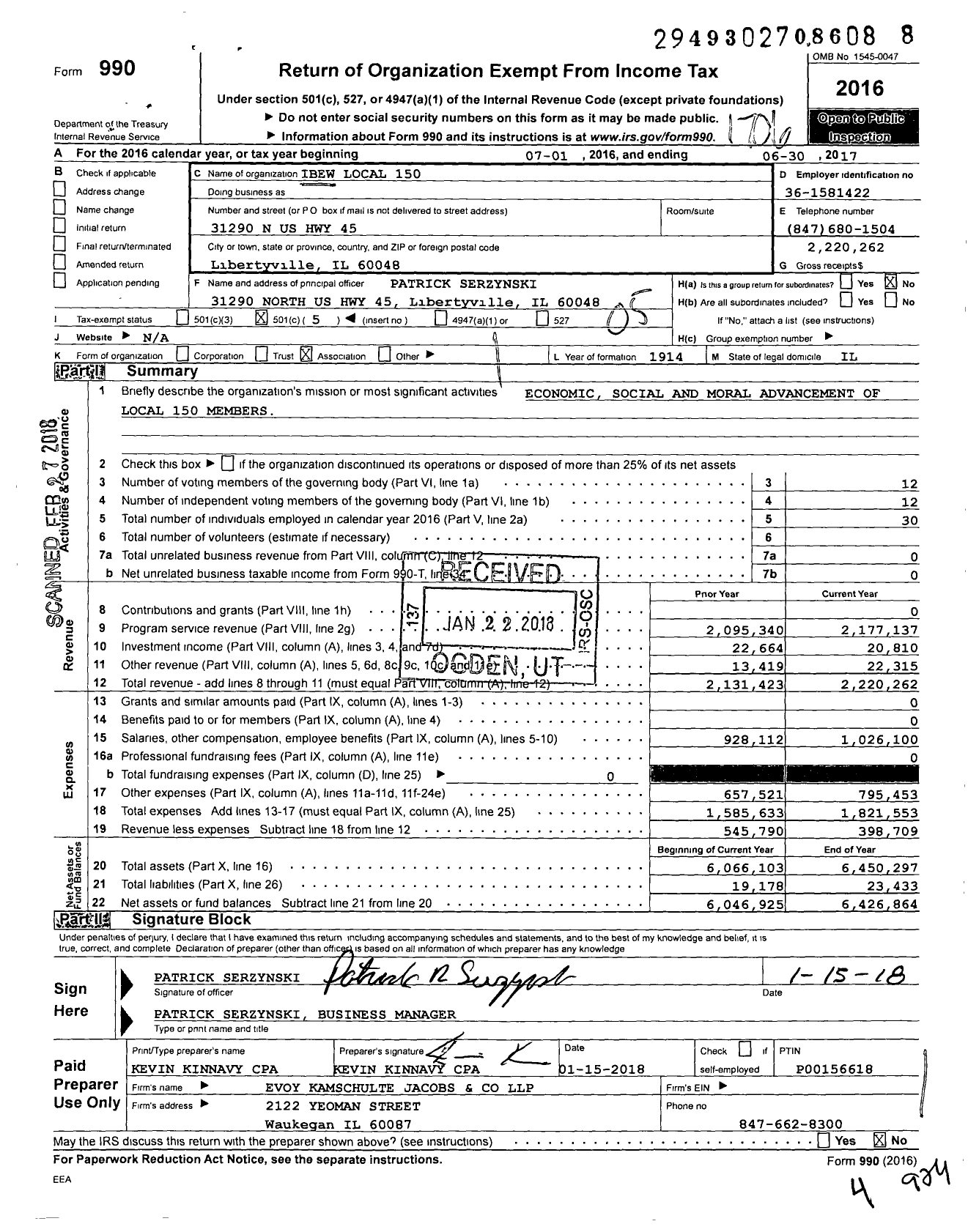 Image of first page of 2016 Form 990O for IBEW Local 150