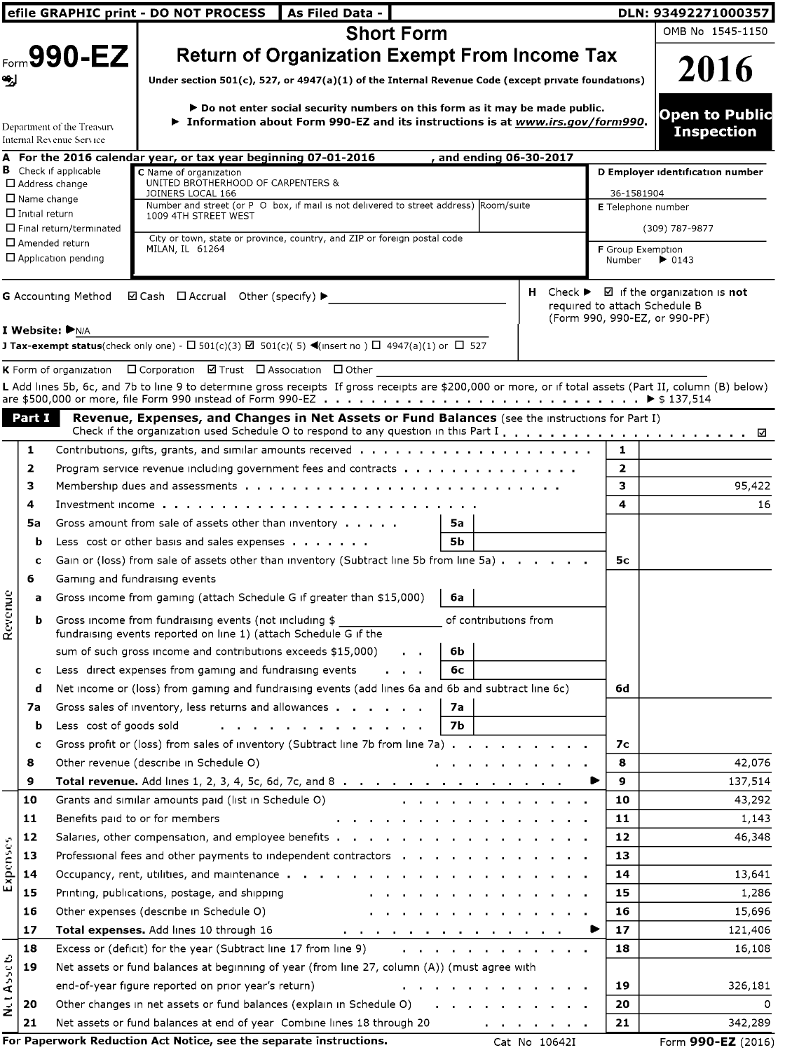 Image of first page of 2016 Form 990EO for United Brotherhood of Carpenters and Joiners Local 166