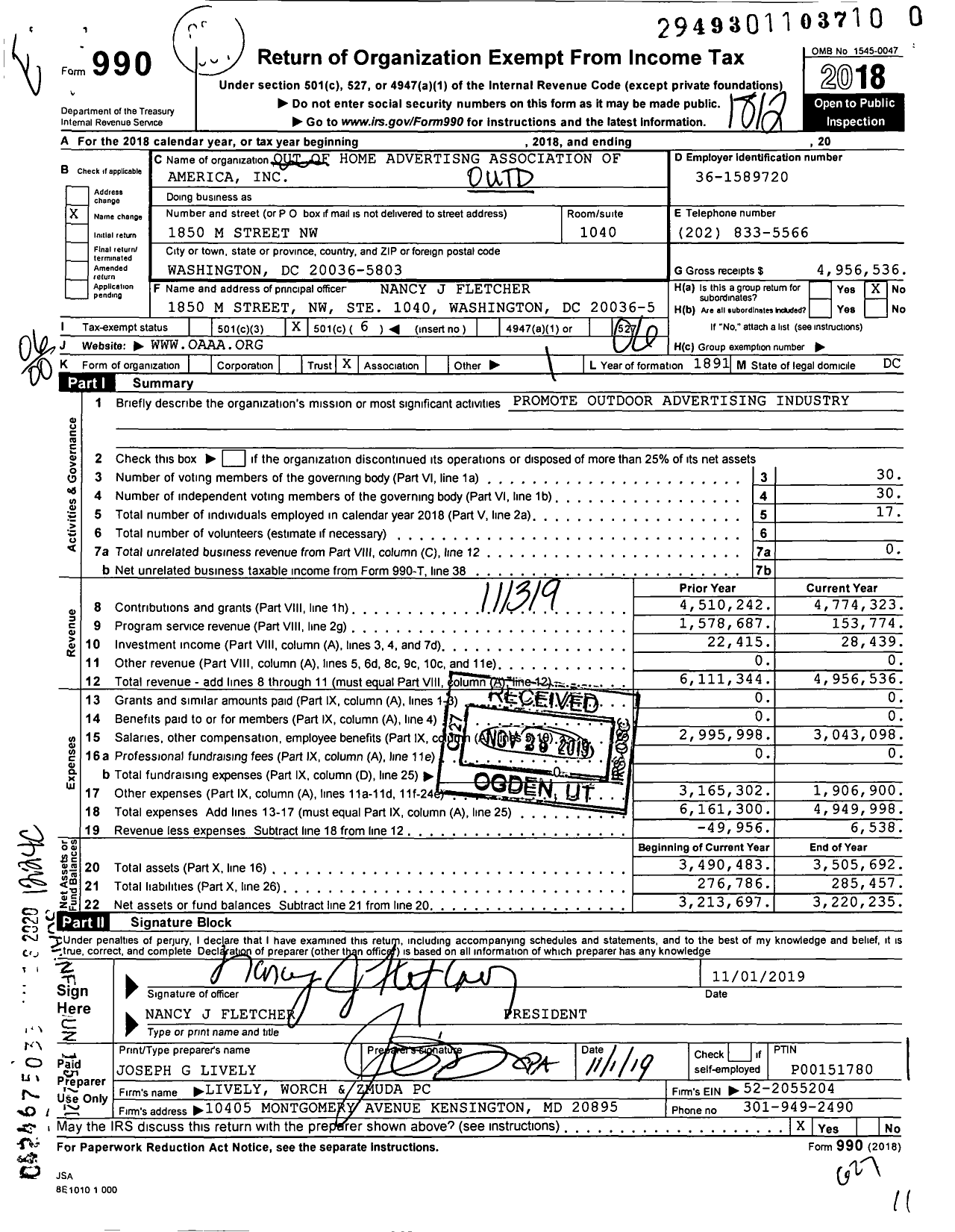 Image of first page of 2018 Form 990O for Outdoor of Home Advertisng Association of America (OAAA)