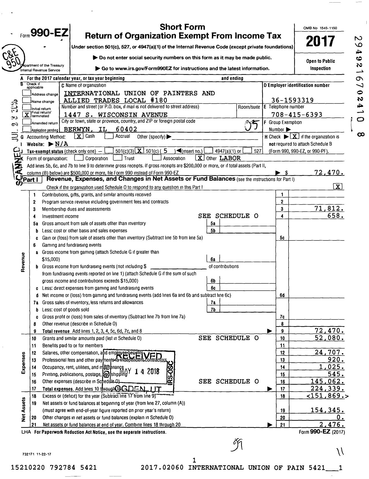 Image of first page of 2017 Form 990EO for International Union of Painters and Allied Trades - 180