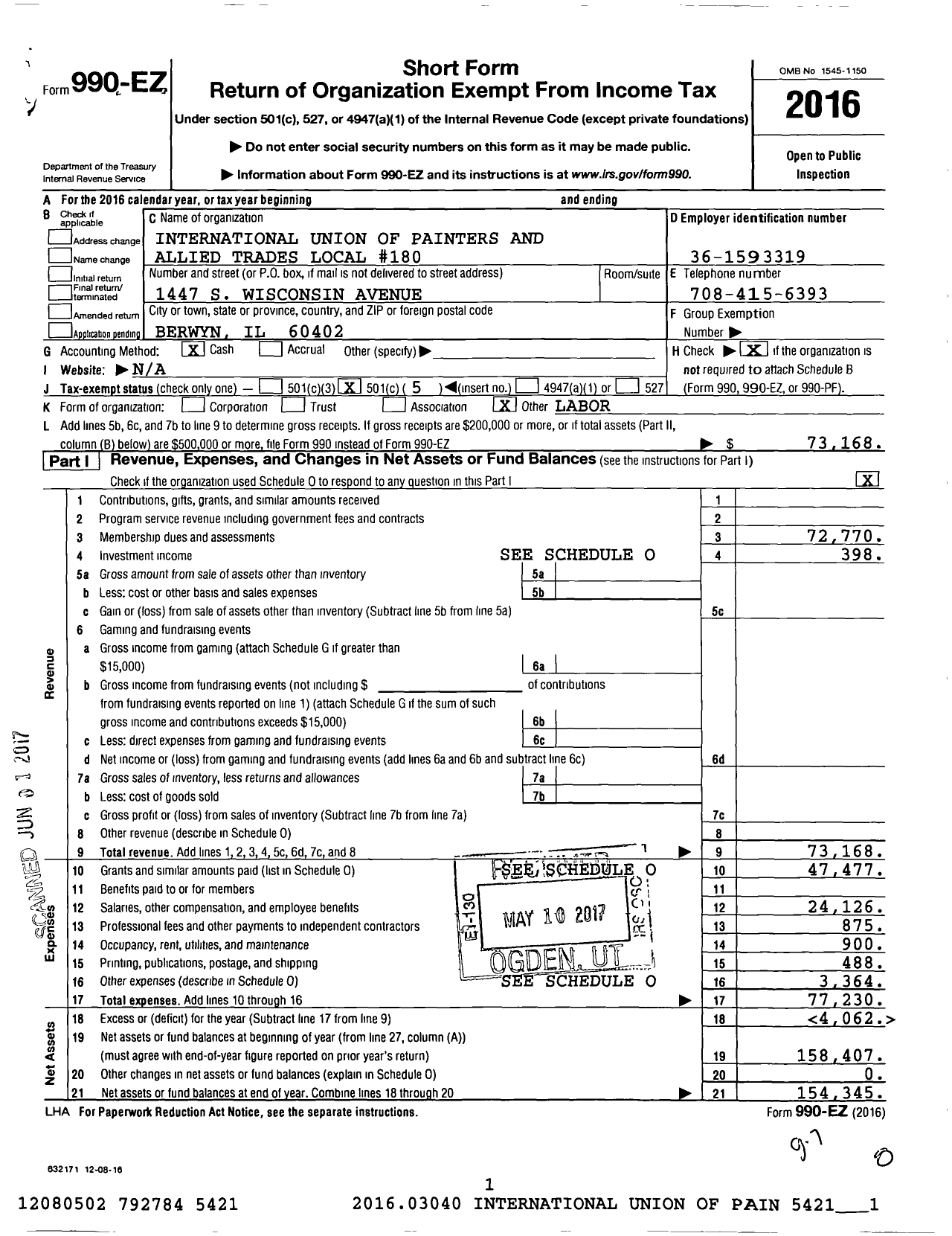 Image of first page of 2016 Form 990EO for International Union of Painters and Allied Trades - 180