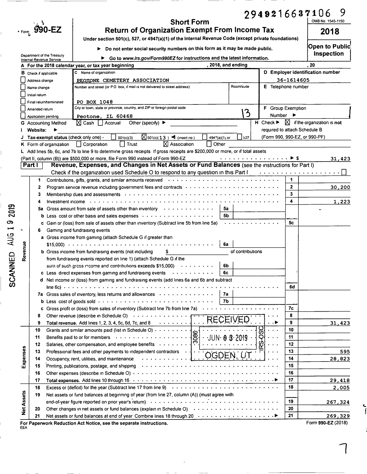 Image of first page of 2018 Form 990EO for Peotone Cemetery Association