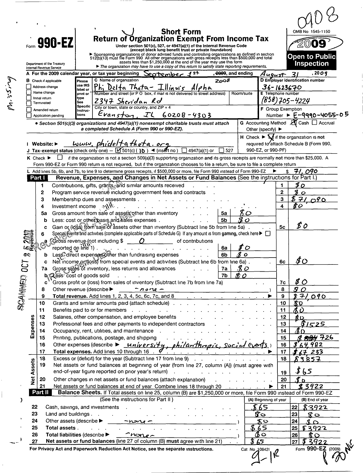 Image of first page of 2008 Form 990EO for Phi Delta Theta Illinois Alpha