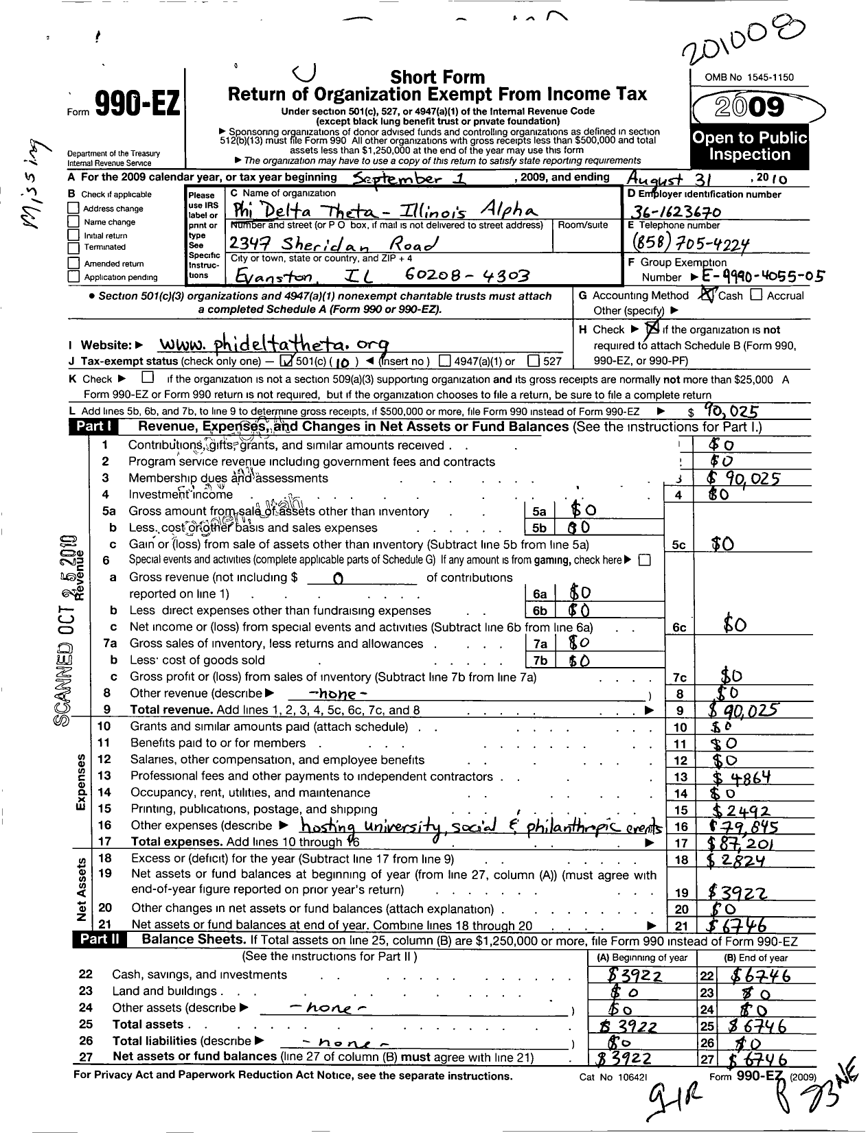 Image of first page of 2009 Form 990EO for Phi Delta Theta Illinois Alpha