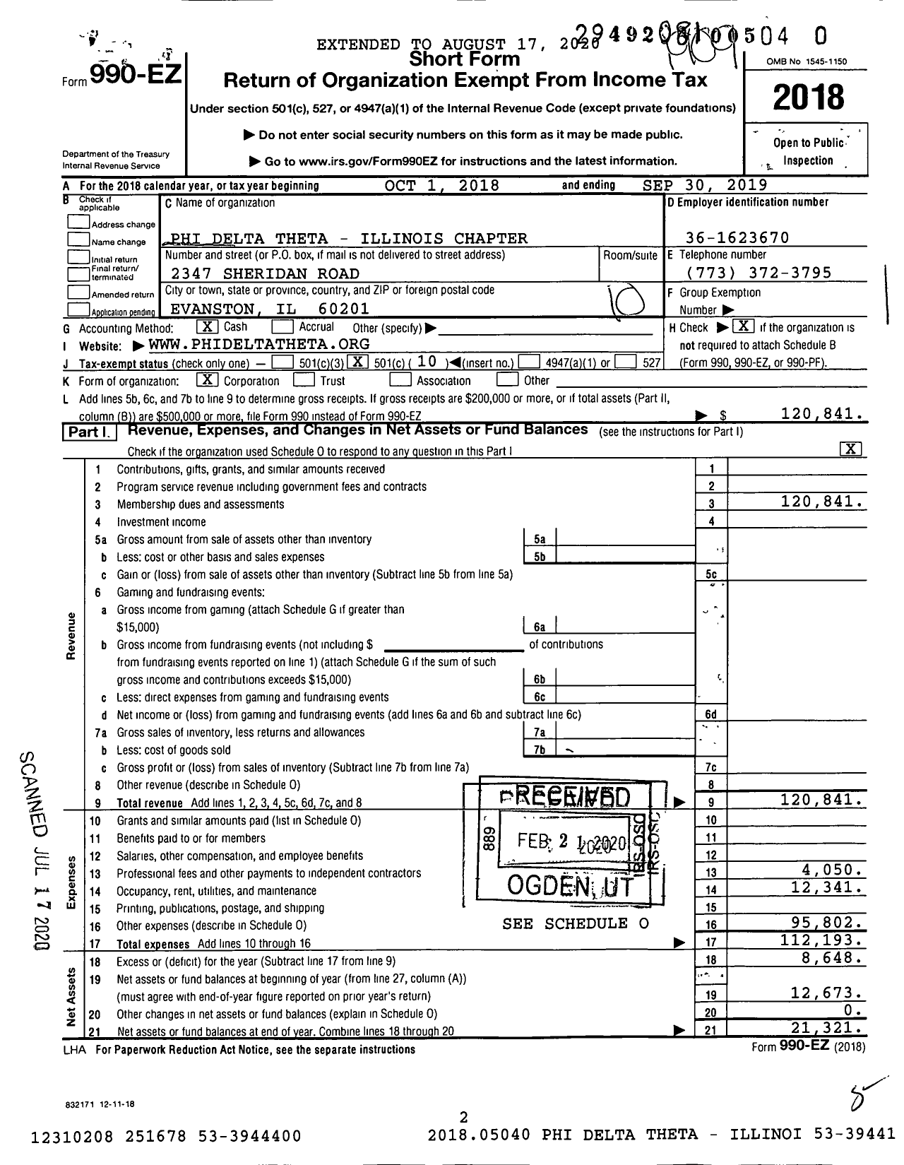 Image of first page of 2018 Form 990EO for Phi Delta Theta Illinois Alpha