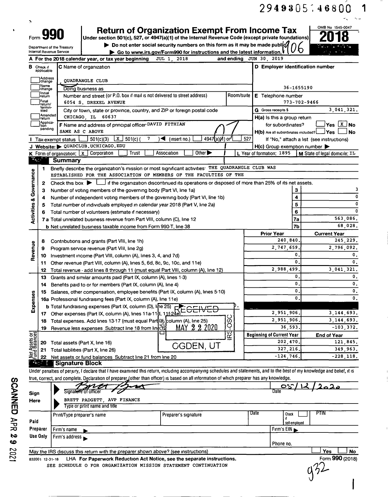 Image of first page of 2018 Form 990O for Quadrangle Club