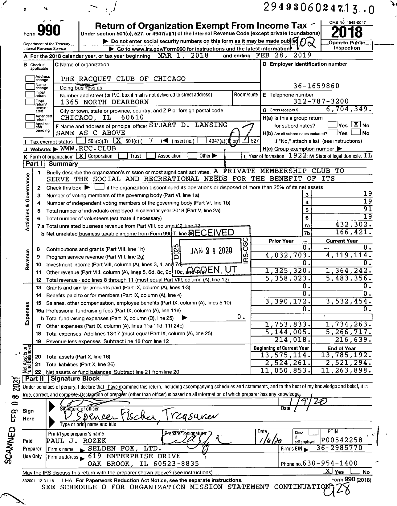 Image of first page of 2018 Form 990O for The Racquet Club of Chicago