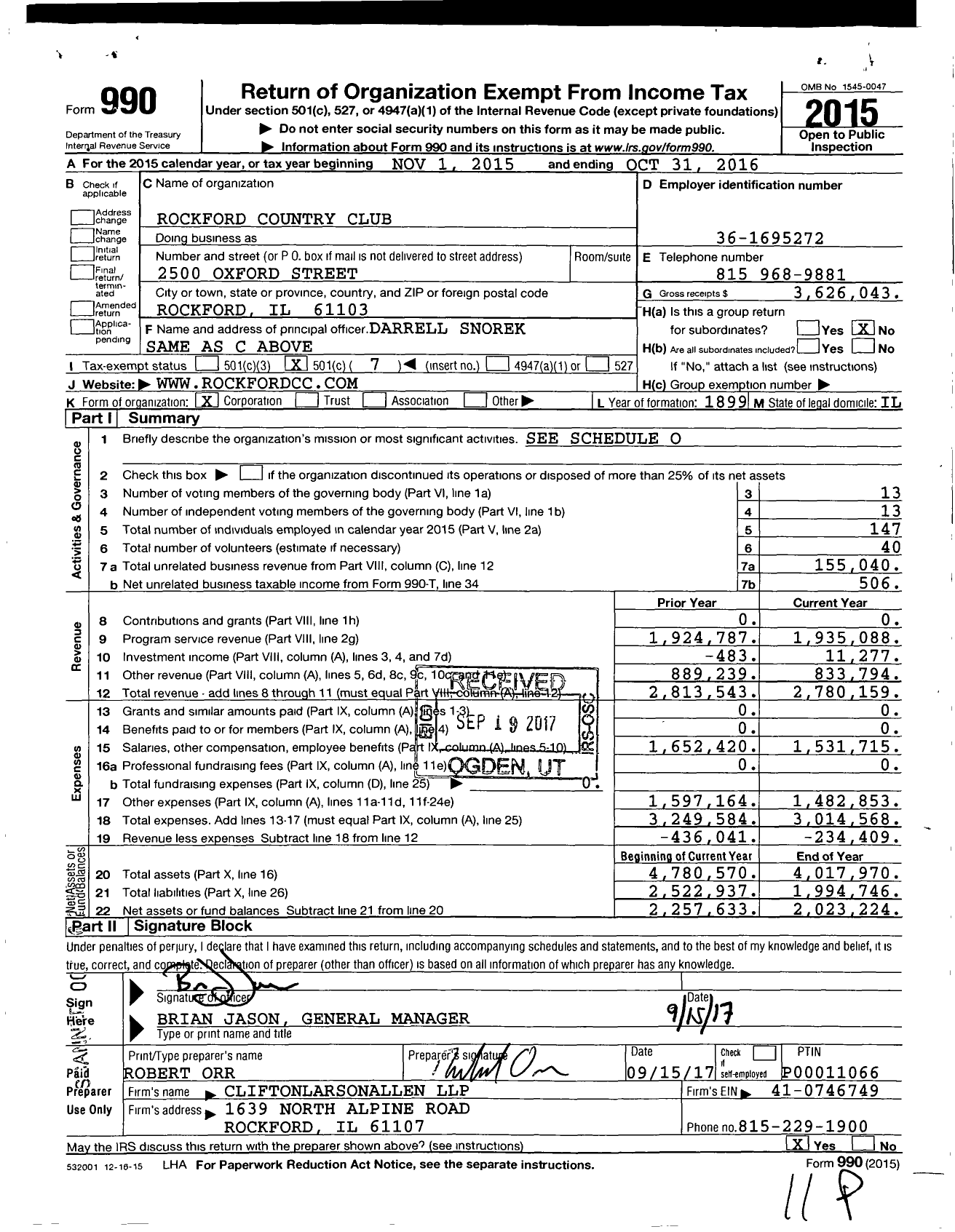 Image of first page of 2015 Form 990O for Rockford Country Club