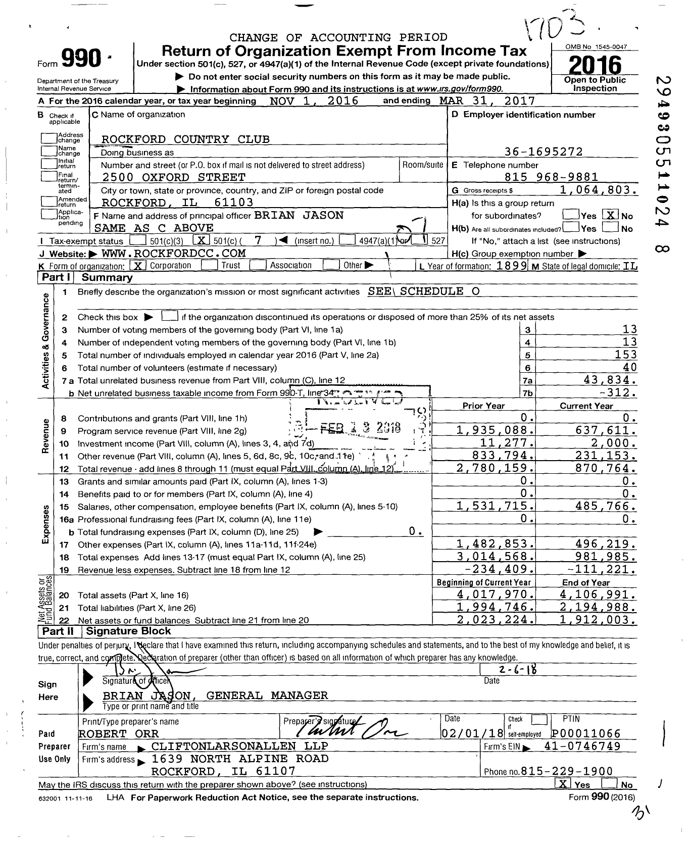 Image of first page of 2016 Form 990O for Rockford Country Club